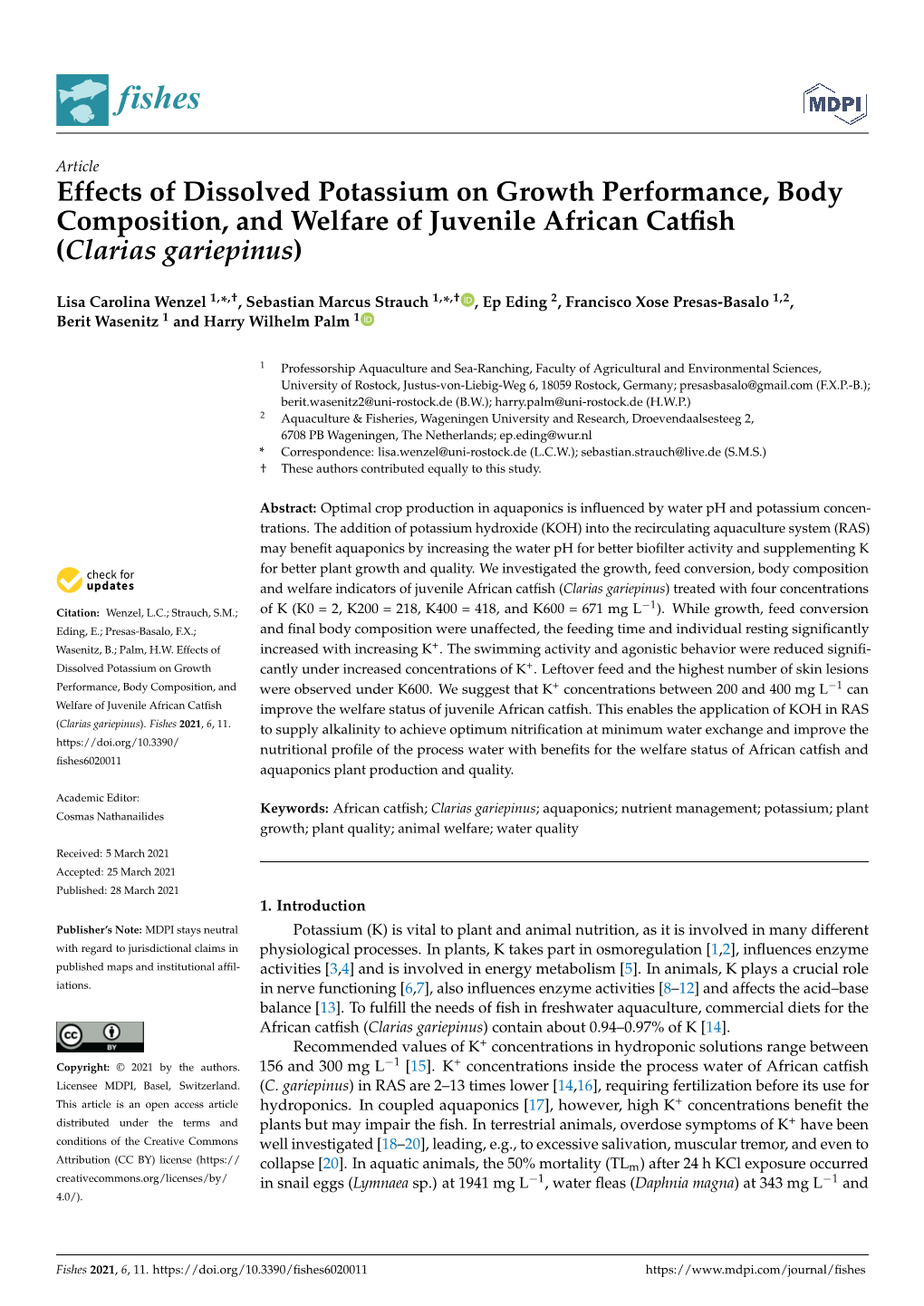 Effects of Dissolved Potassium on Growth Performance, Body Composition, and Welfare of Juvenile African Catﬁsh (Clarias Gariepinus)