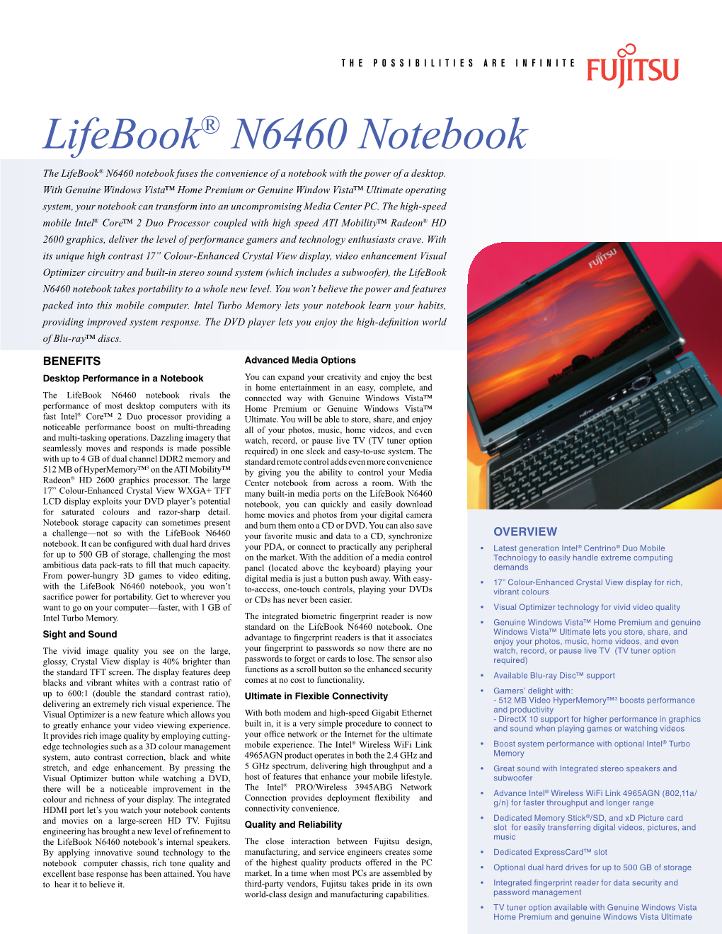Lifebook® N6460 Notebook the Lifebook® N6460 Notebook Fuses the Convenience of a Notebook with the Power of a Desktop