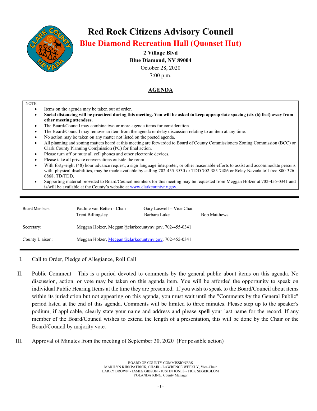 Red Rock Citizens Advisory Council Blue Diamond Recreation Hall (Quonset Hut) 2 Village Blvd Blue Diamond, NV 89004 October 28, 2020 7:00 P.M