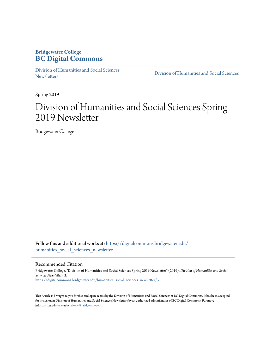 Division of Humanities and Social Sciences Spring 2019 Newsletter Bridgewater College