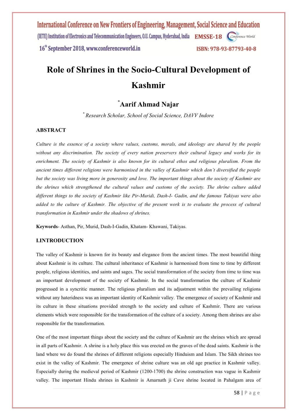 Role of Shrines in the Socio-Cultural Development of Kashmir