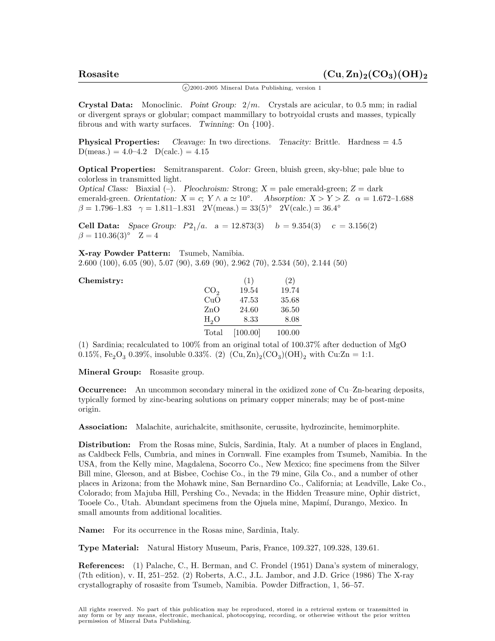 Rosasite (Cu, Zn)2(CO3)(OH)2 C 2001-2005 Mineral Data Publishing, Version 1