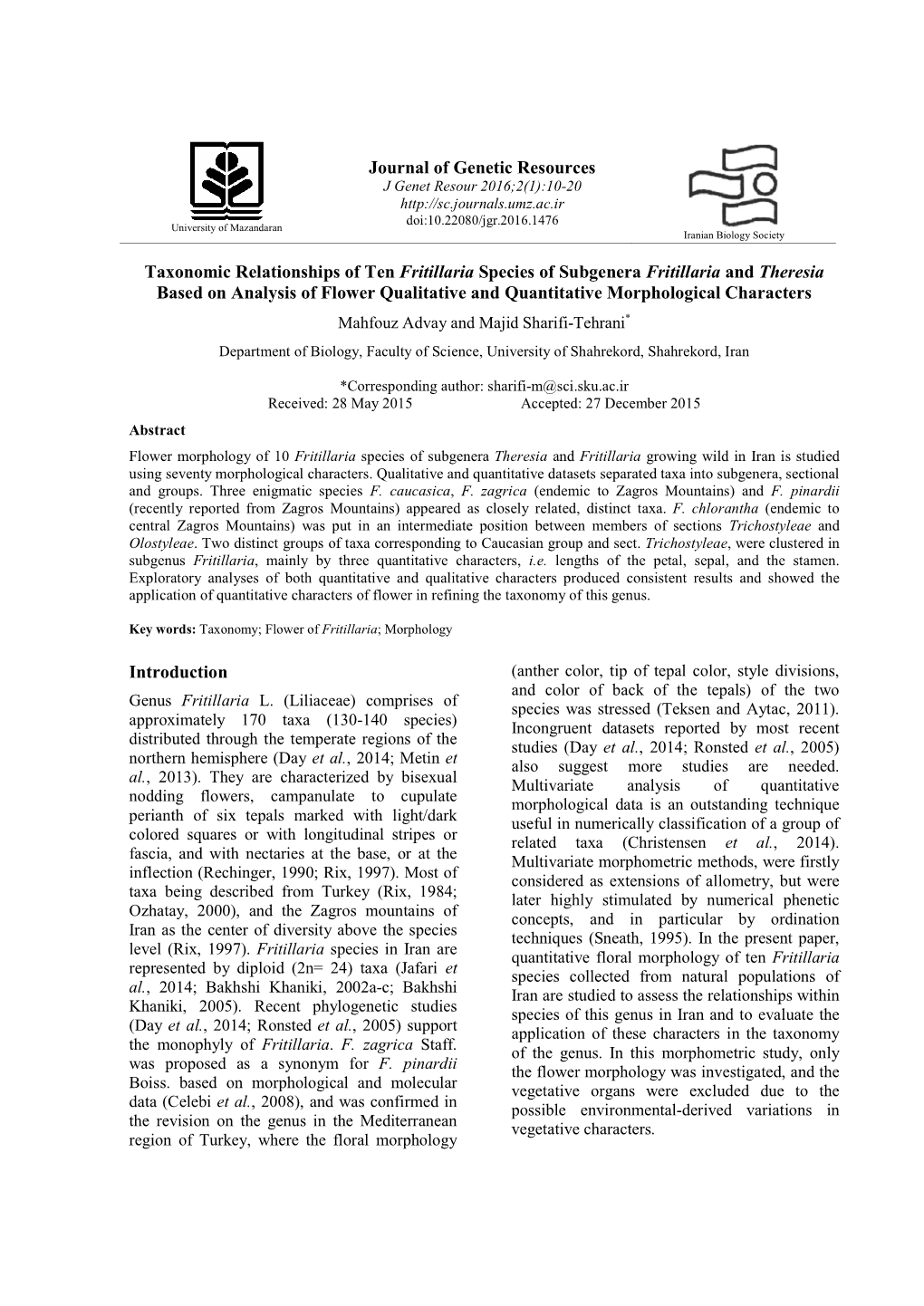 Journal of Genetic Resources Taxonomic Relationships of Ten