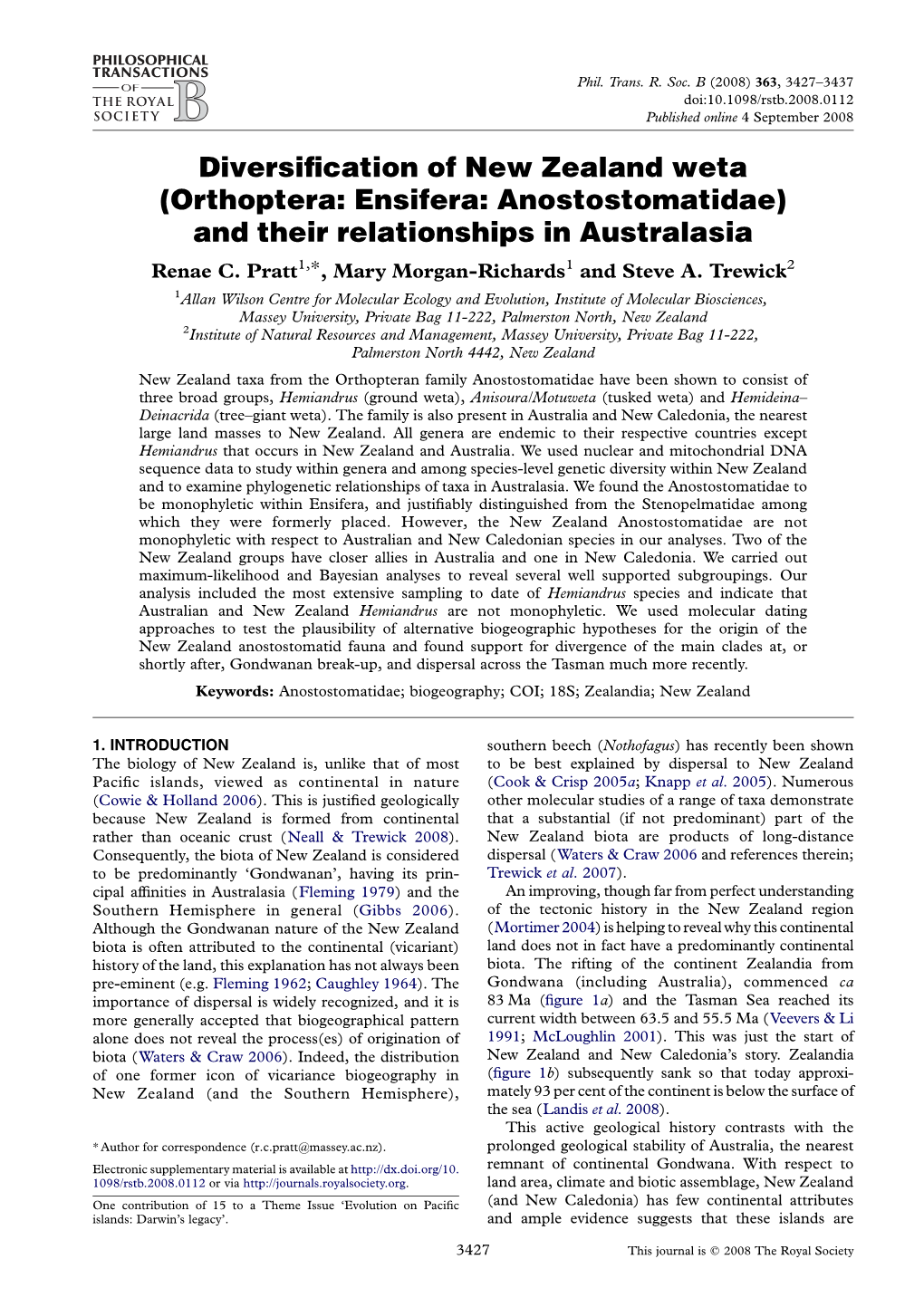 Diversification of New Zealand Weta (Orthoptera: Ensifera