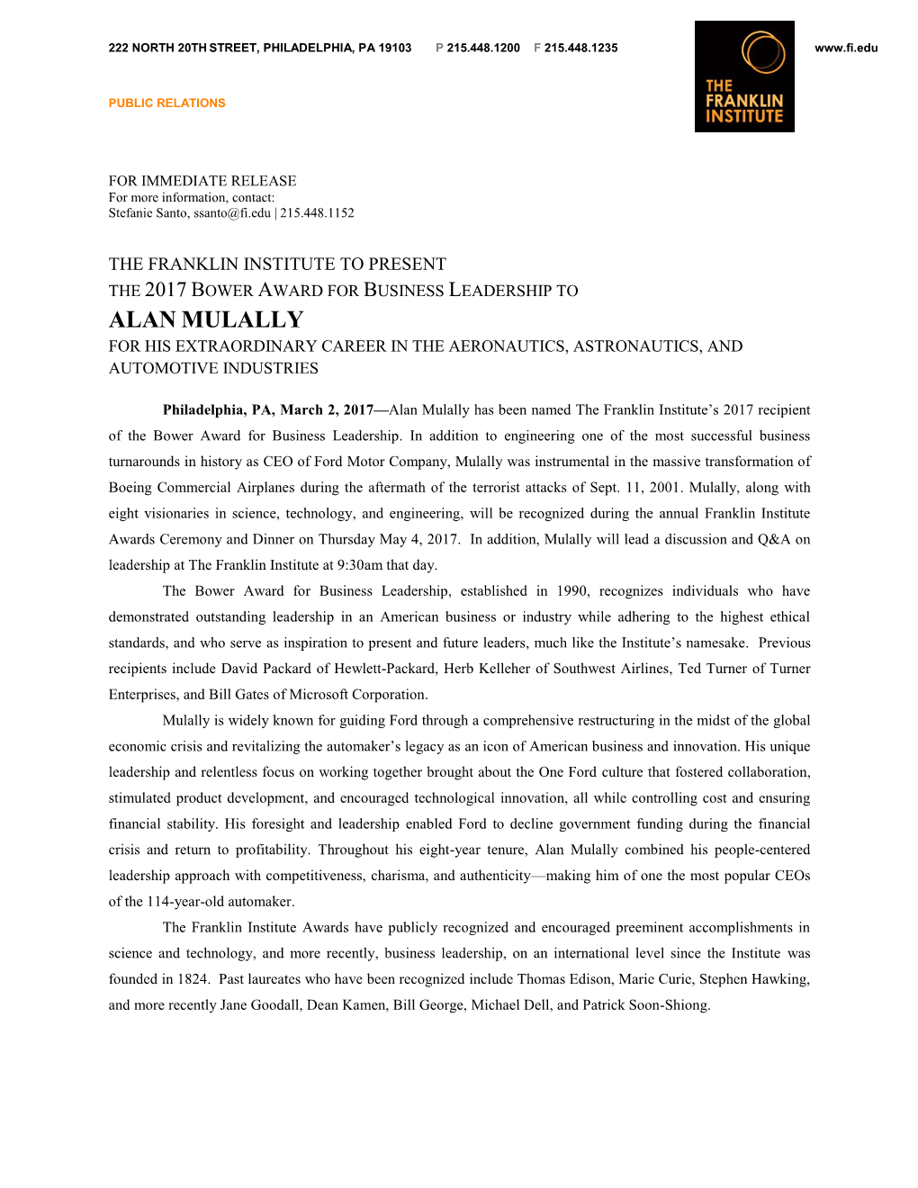 Alan Mulally for His Extraordinary Career in the Aeronautics, Astronautics, and Automotive Industries