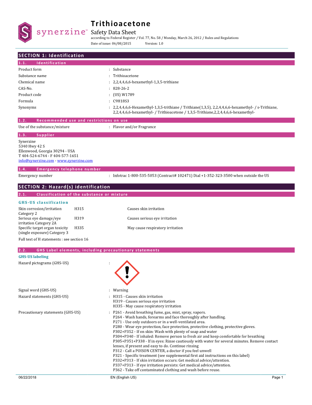 Trithioacetone Safety Data Sheet According to Federal Register / Vol
