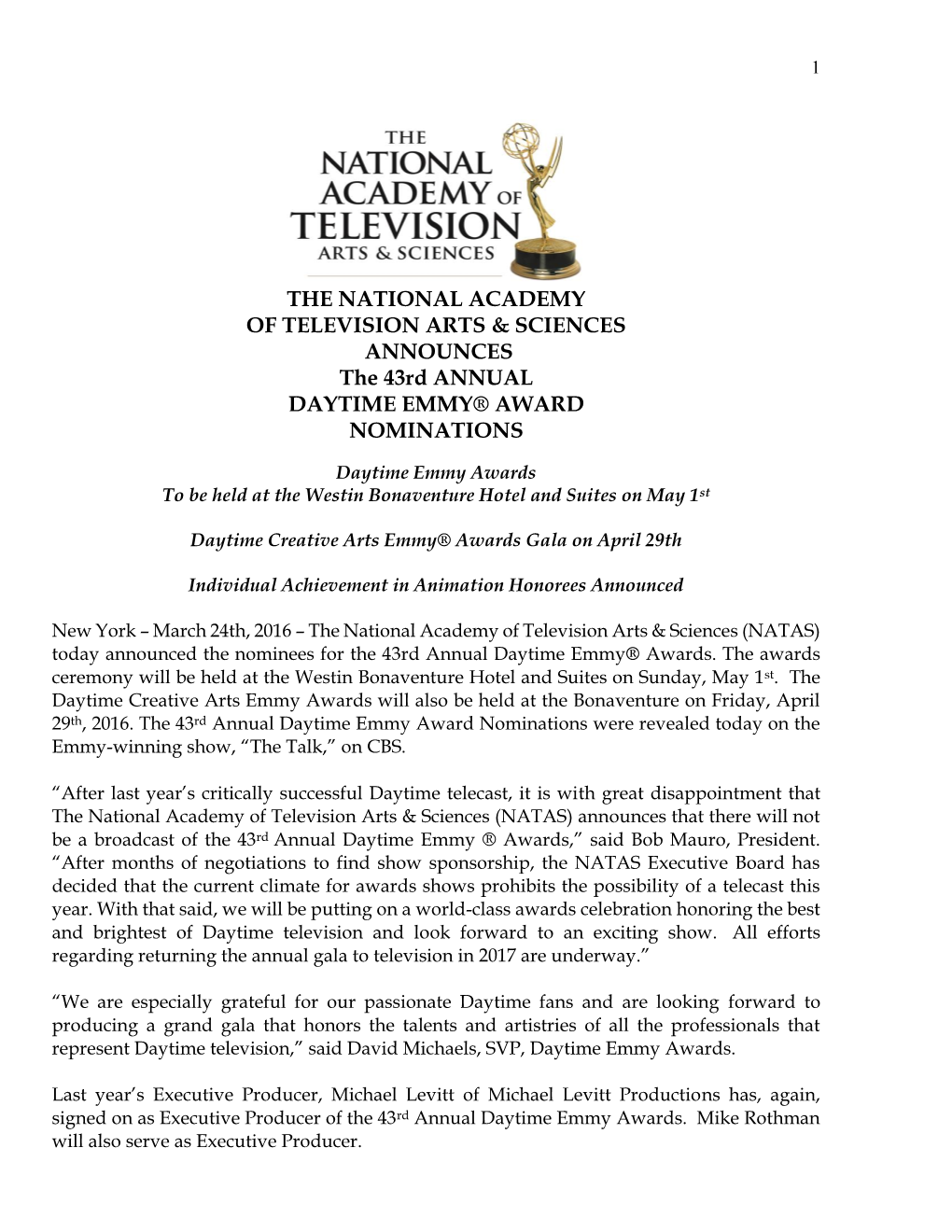 43Rd Annual Daytime Emmy Award Nominations Were Revealed Today on the Emmy-Winning Show, “The Talk,” on CBS