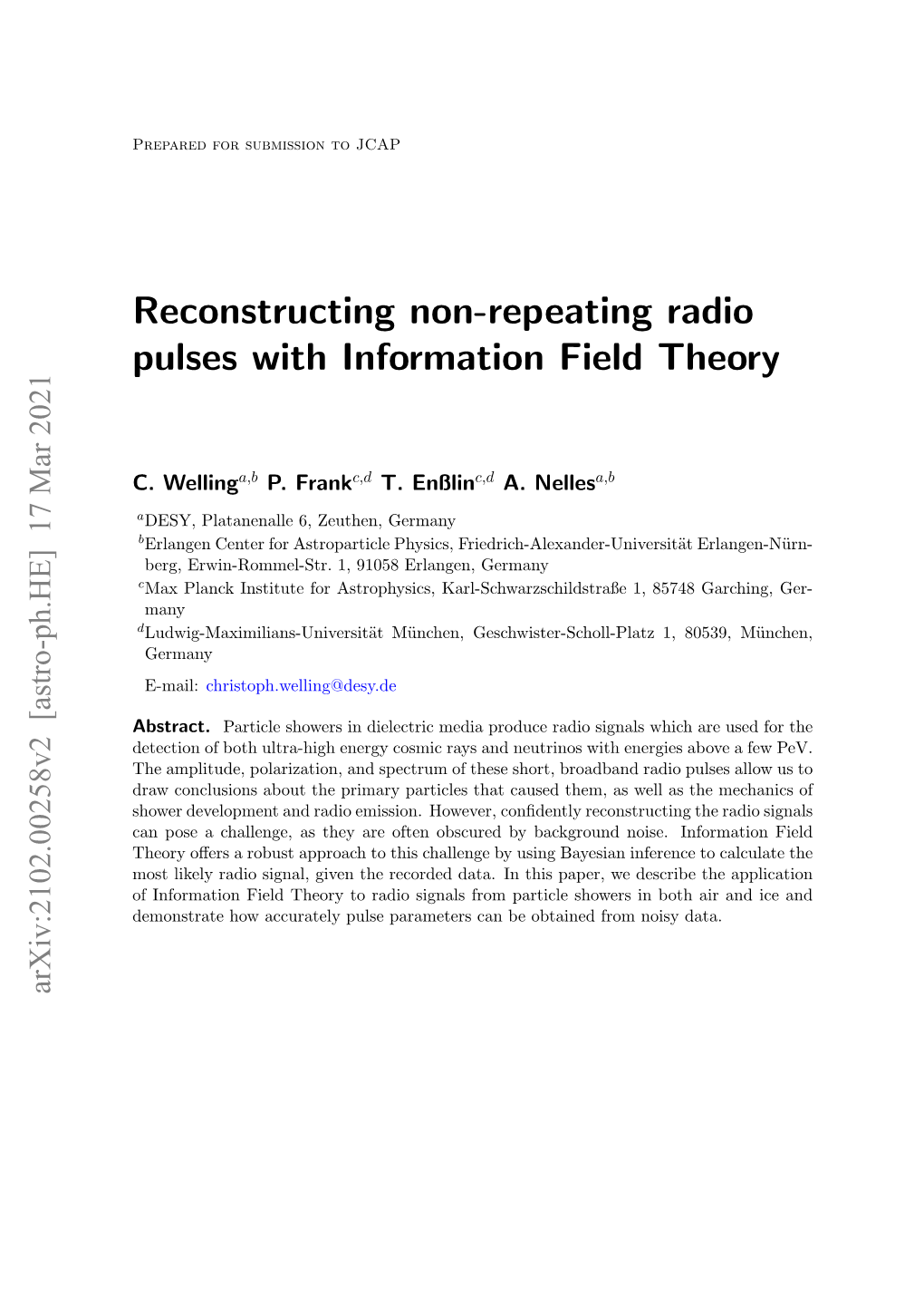 Reconstructing Non-Repeating Radio Pulses with Information Field Theory