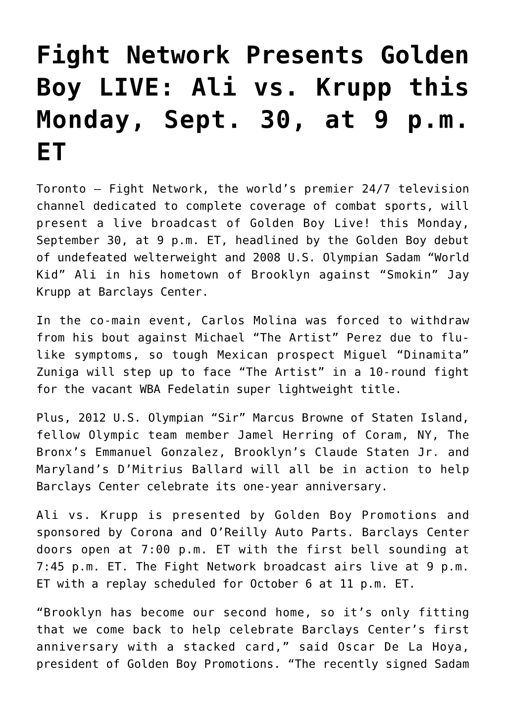 Fight Network Presents Golden Boy LIVE: Ali Vs. Krupp This Monday, Sept