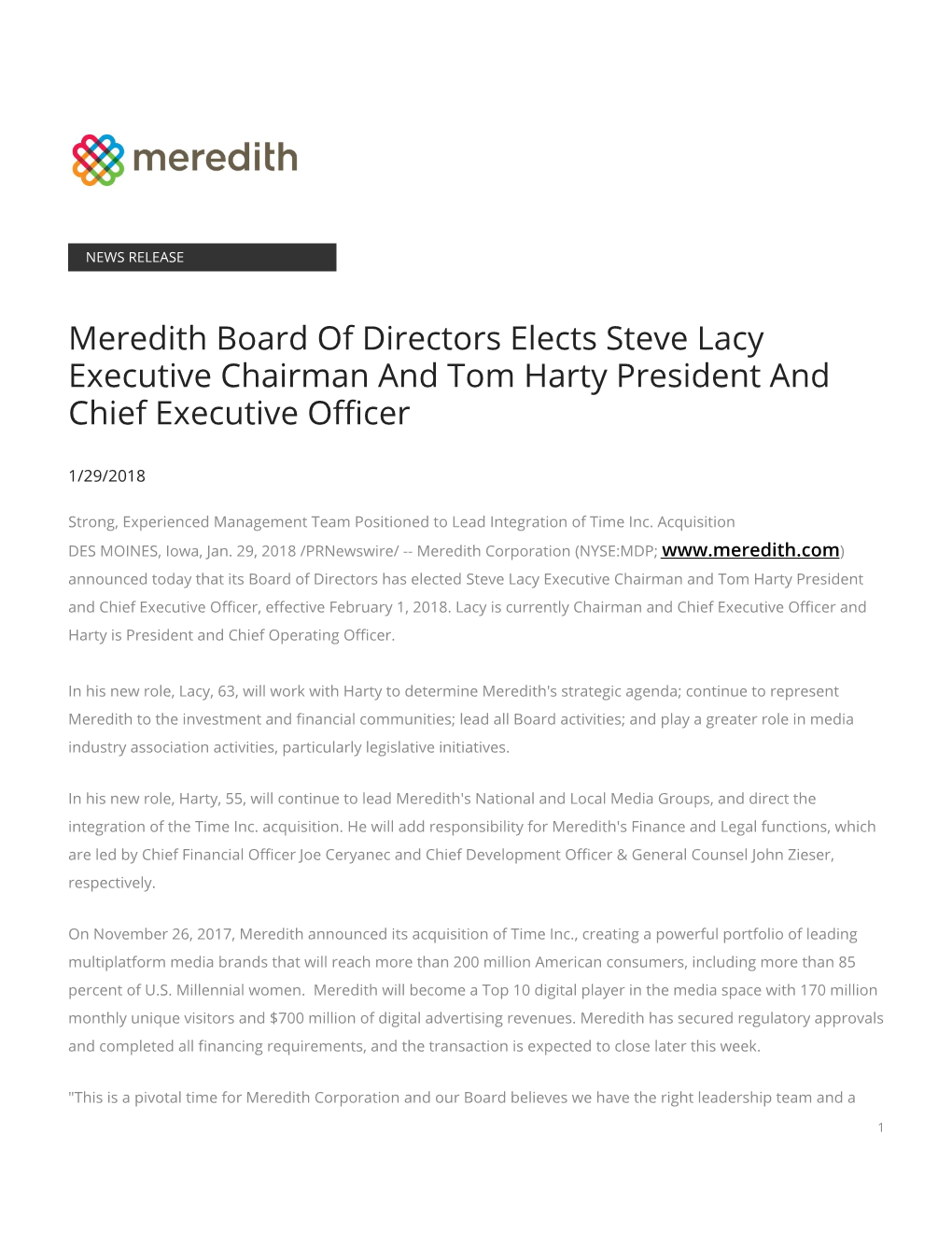 Meredith Board of Directors Elects Steve Lacy Executive Chairman and Tom Harty President and Chief Executive Officer