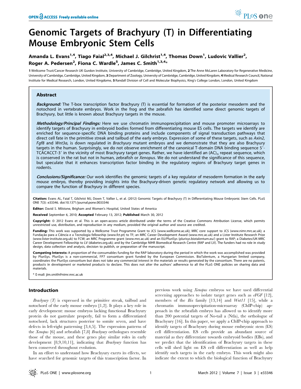 Genomic Targets of Brachyury (T) in Differentiating Mouse Embryonic Stem Cells