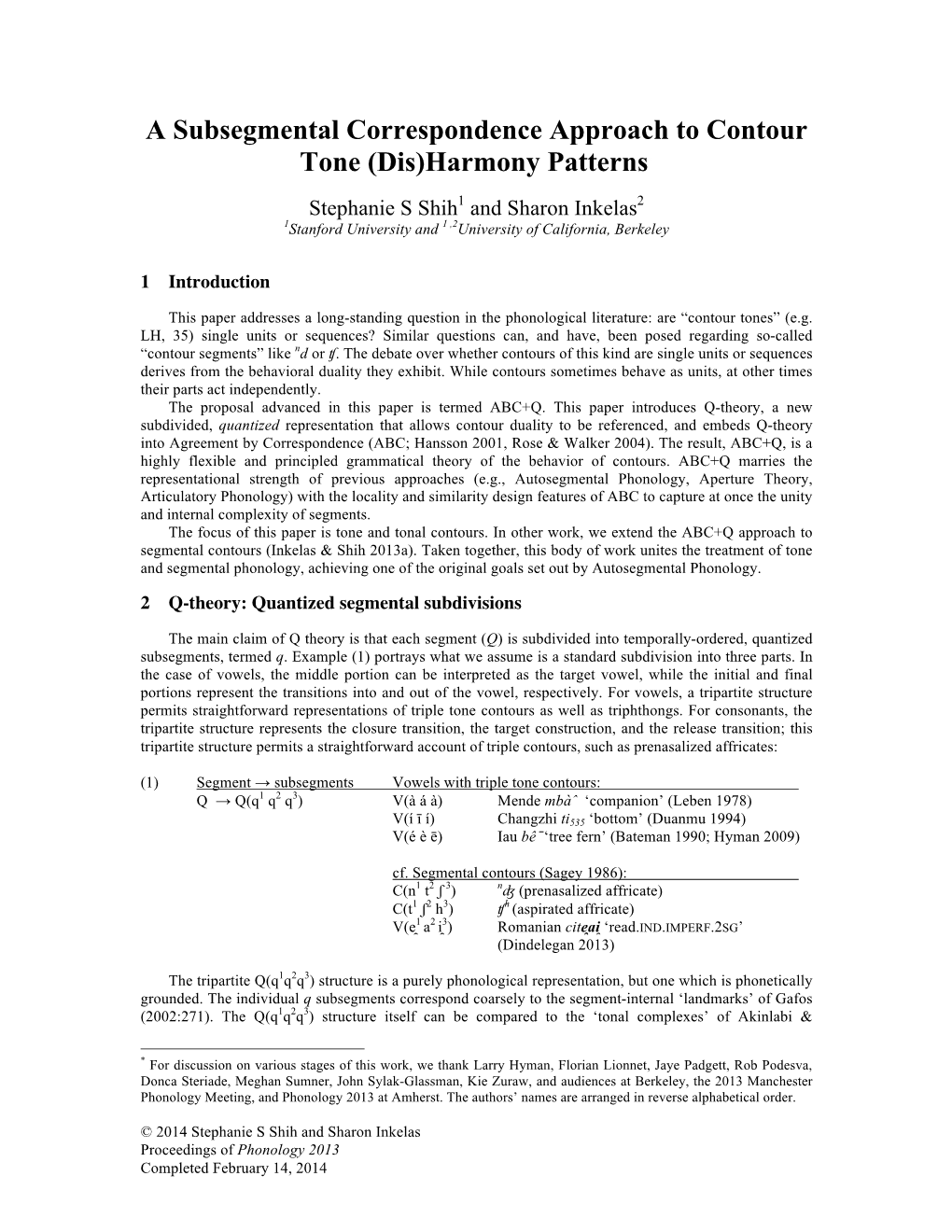 A Subsegmental Correspondence Approach to Contour Tone (Dis)Harmony Patterns*