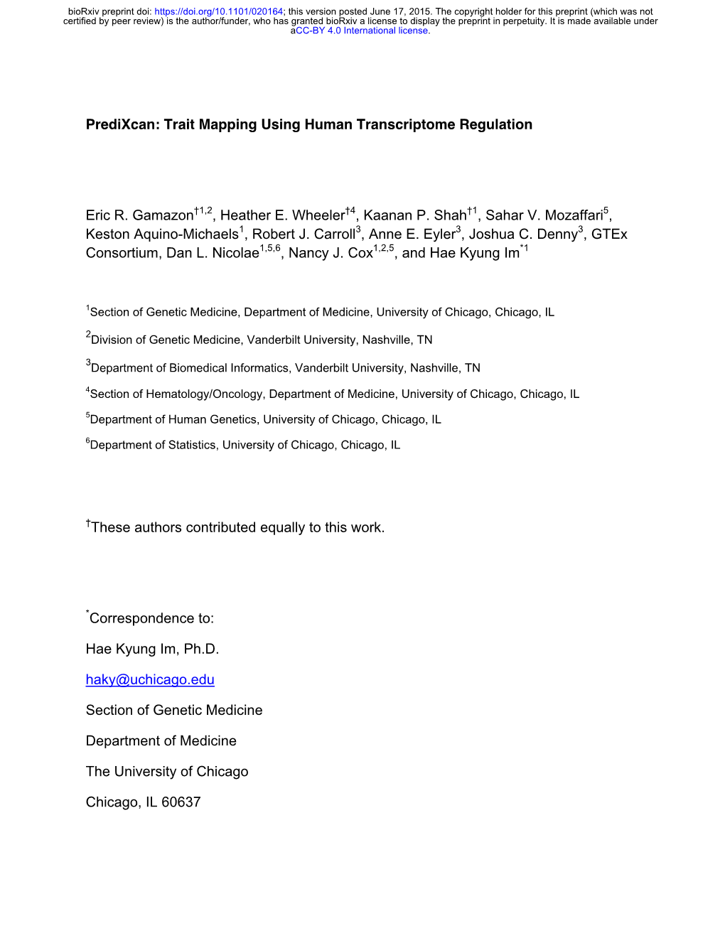 Predixcan: Trait Mapping Using Human Transcriptome Regulation