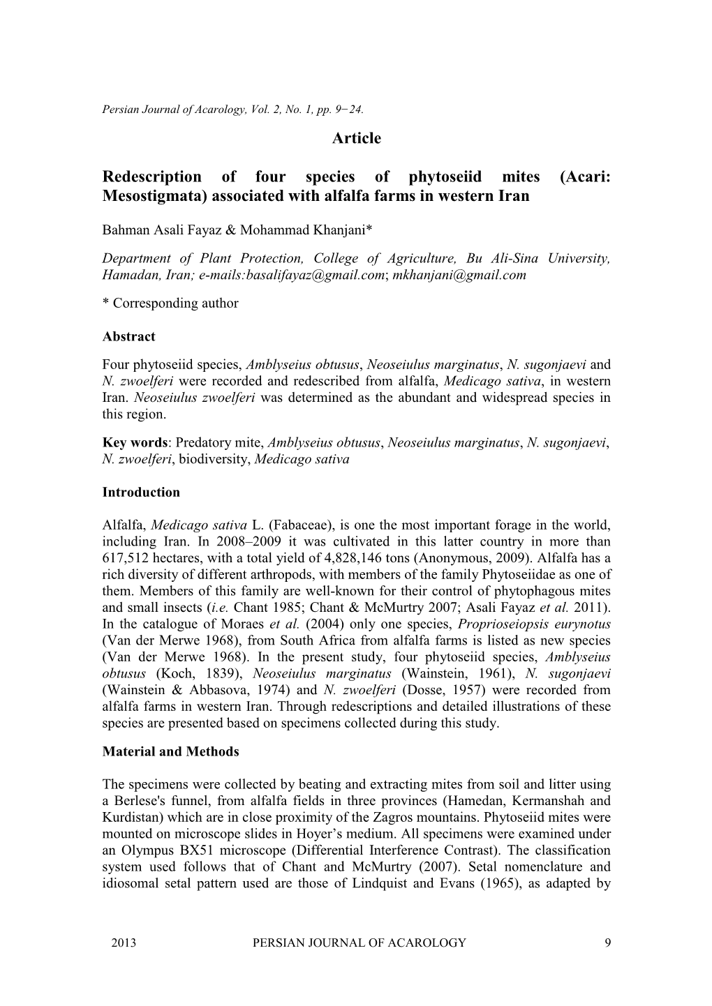 Article Redescription of Four Species of Phytoseiid Mites (Acari