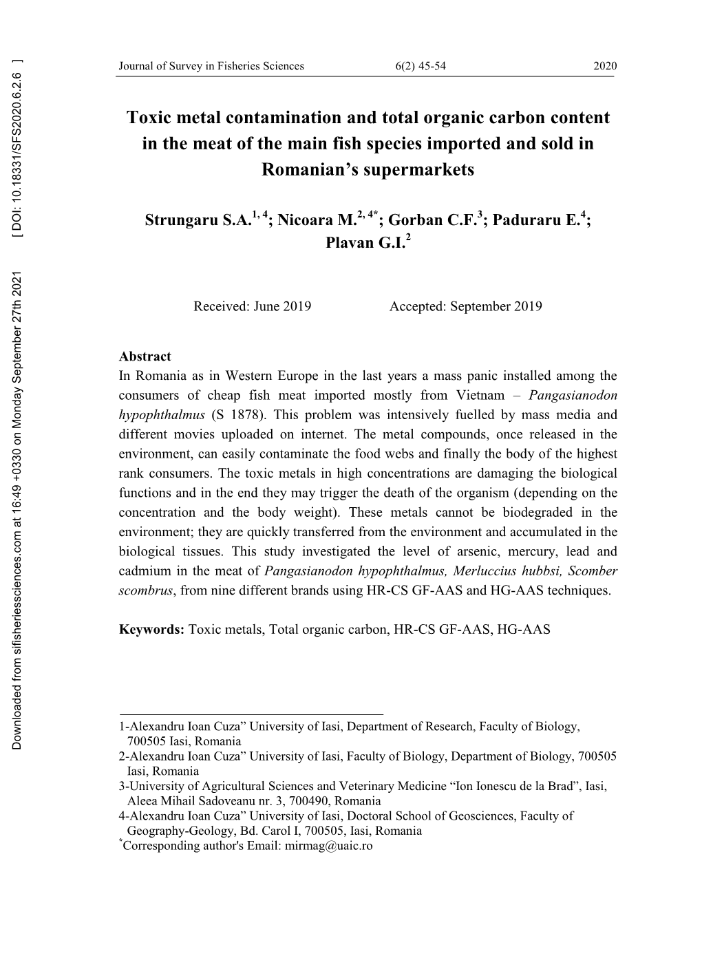 Toxic Metal Contamination and Total Organic Carbon Content in the Meat of the Main Fish Species Imported and Sold in Romanian’S Supermarkets