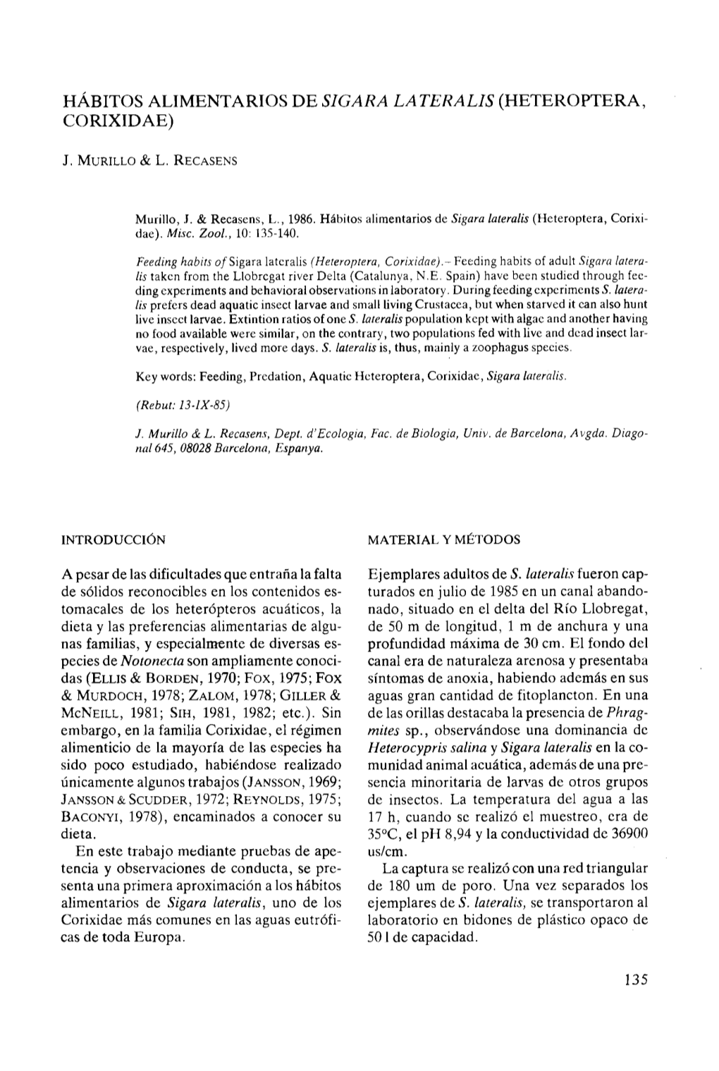 Habitos Alimentarios De Sigara Lateralis (Heteroptera, Corixidae)