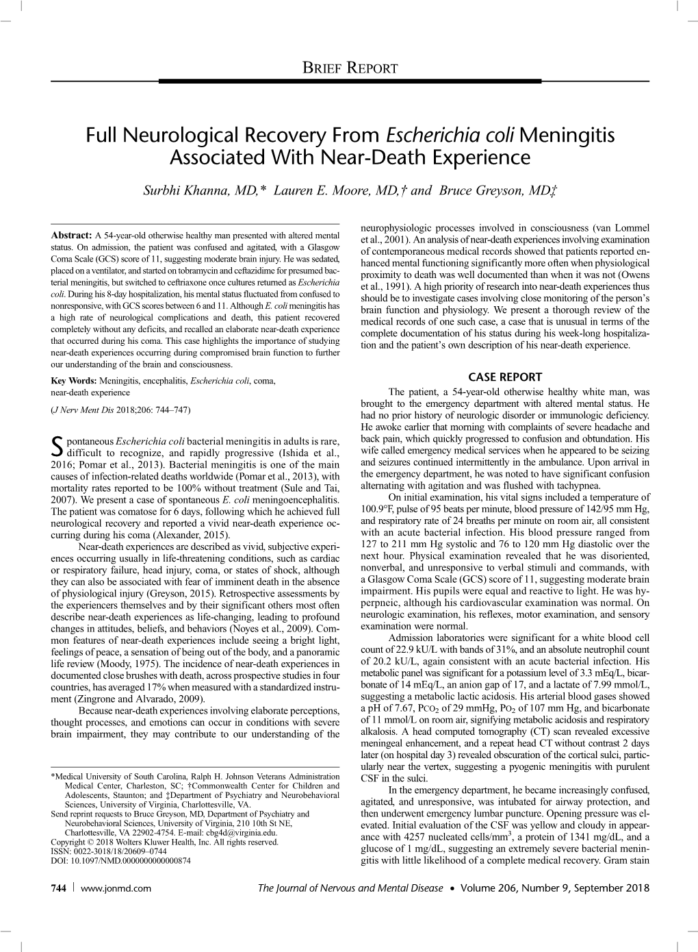 Full Neurological Recovery from Escherichia Coli Meningitis Associated with Near-Death Experience