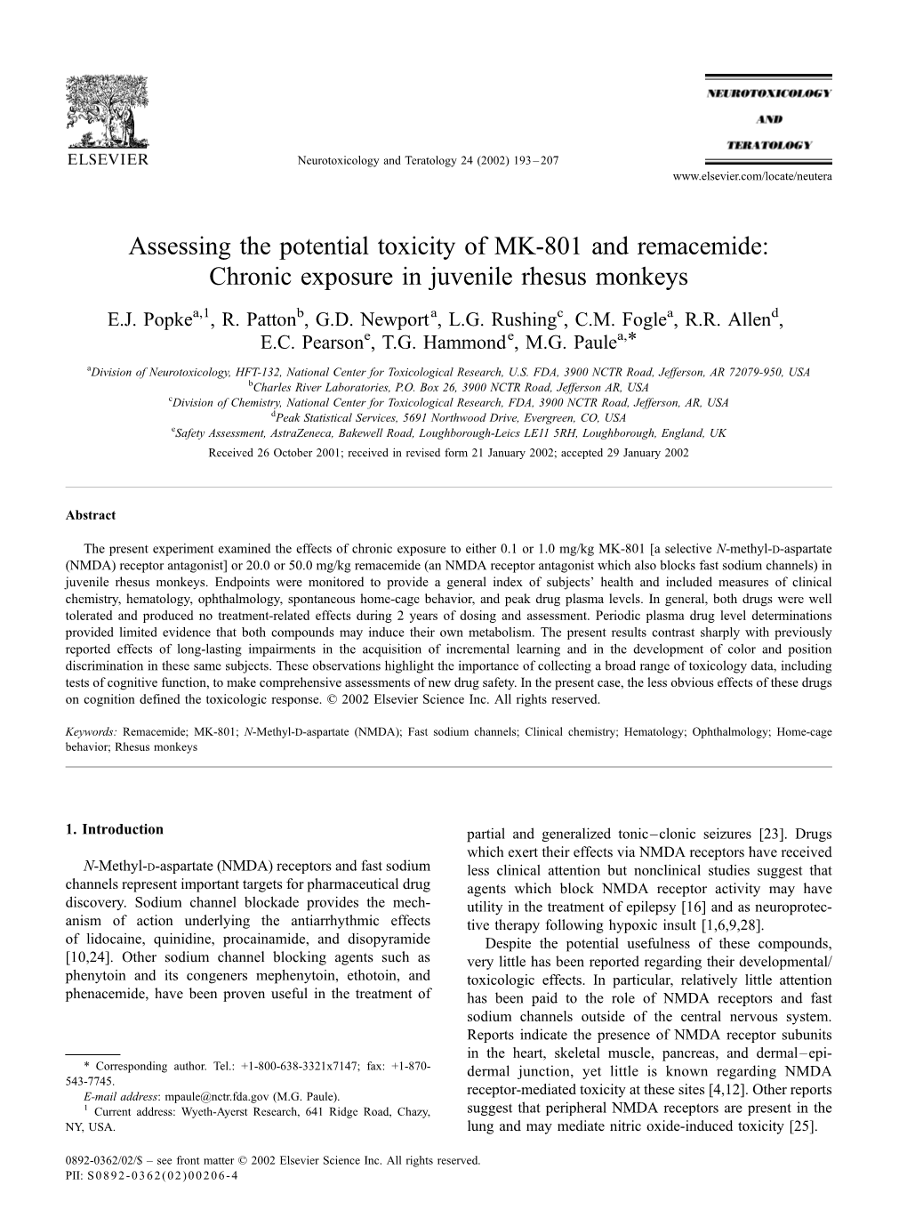 Assessing the Potential Toxicity of MK-801 and Remacemide: Chronic Exposure in Juvenile Rhesus Monkeys