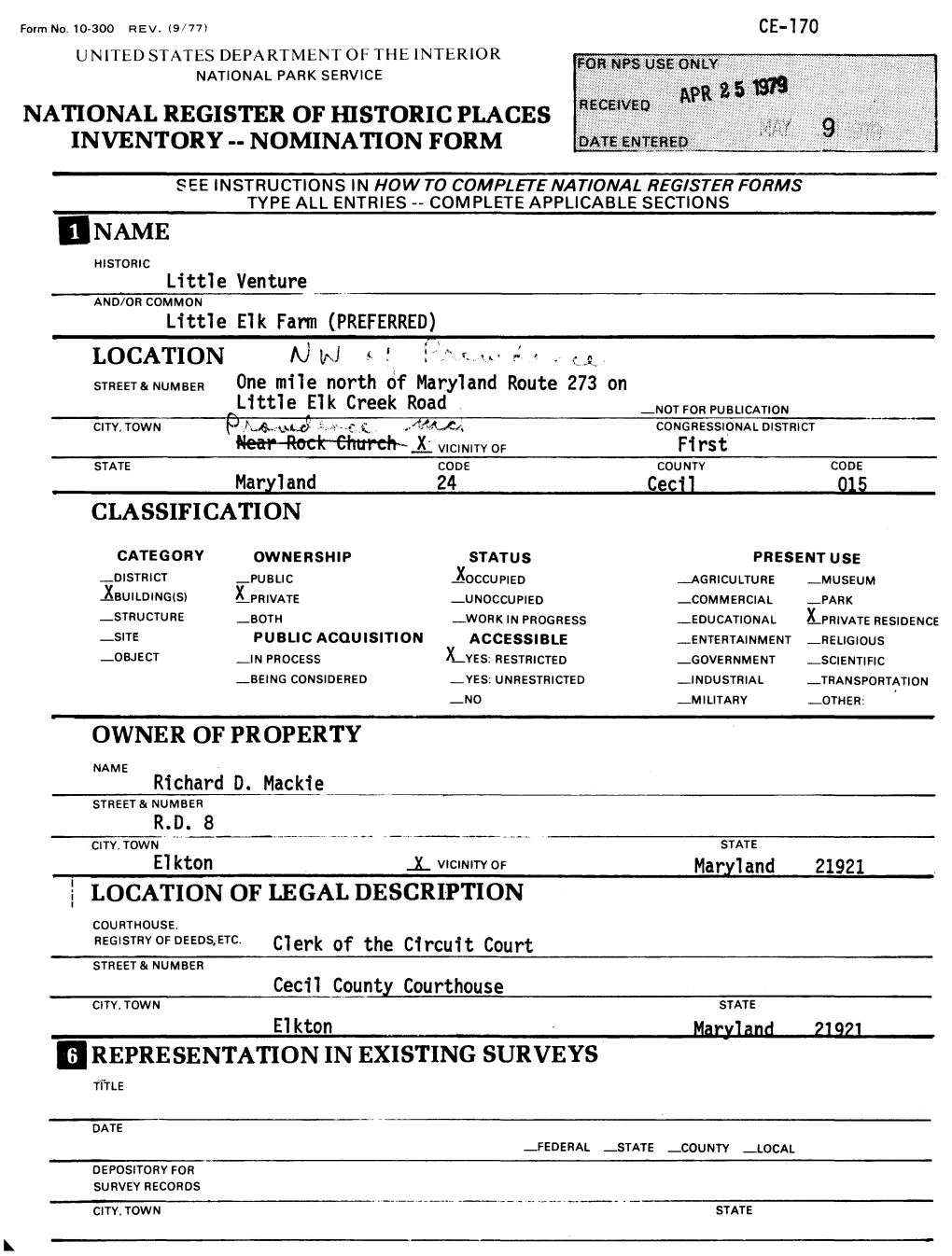 NOMINATION FORM I NAME Little Elk Farm