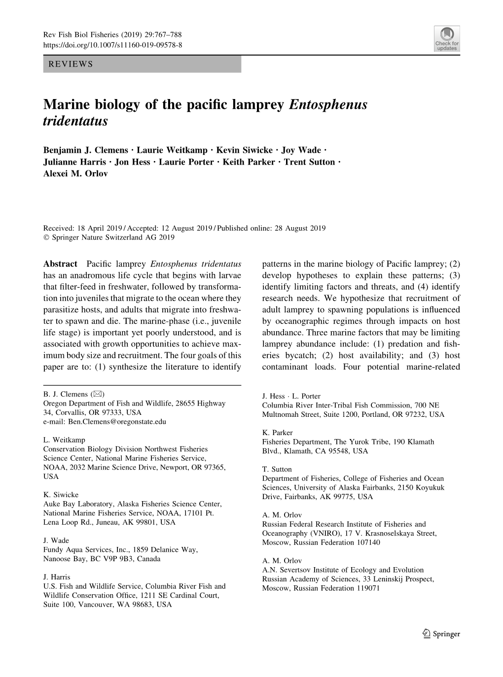 Marine Biology of the Pacific Lamprey Entosphenus Tridentatus