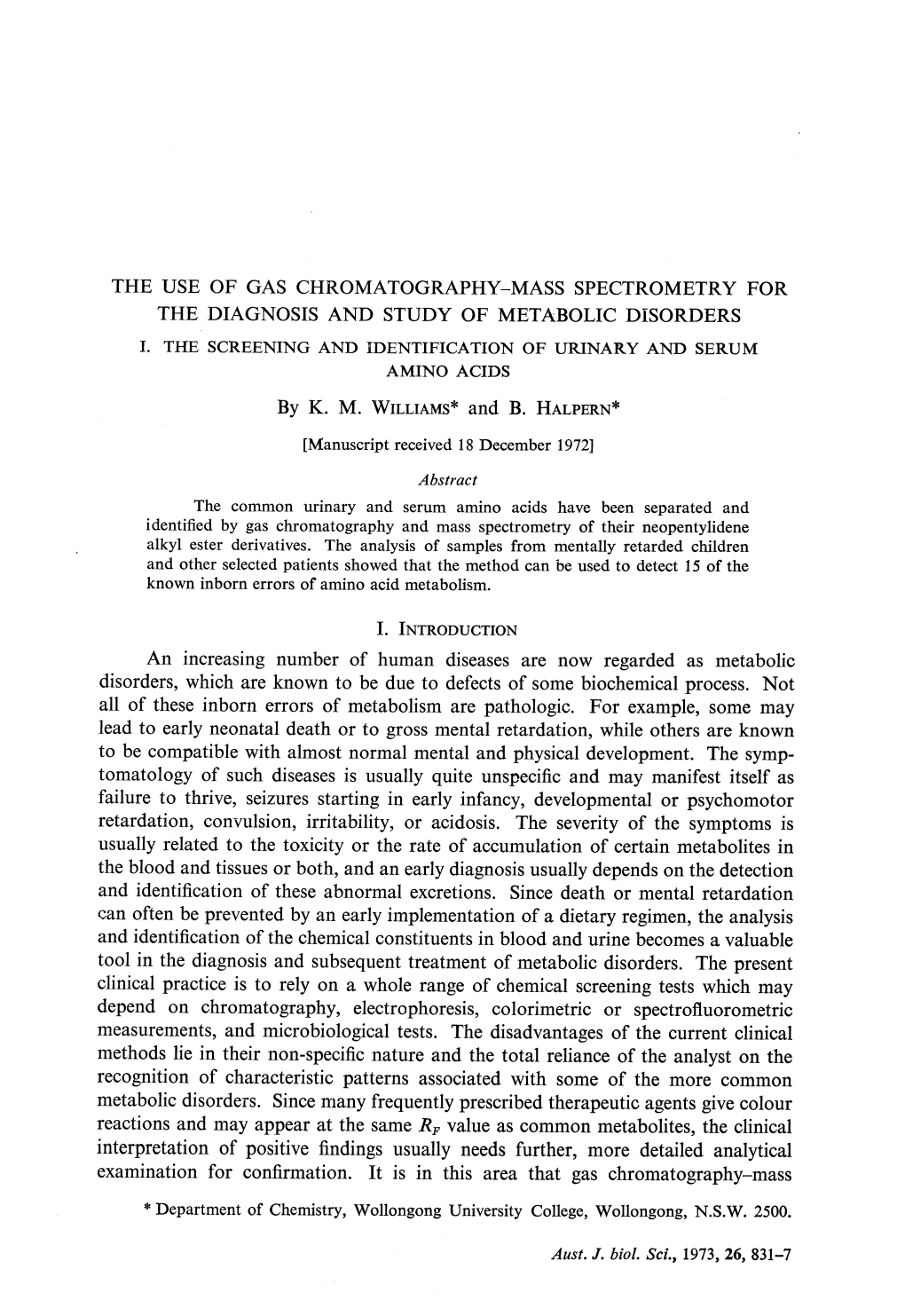 The Use of Gas Chromatography-Mass Spectrometry for the Diagnosis and Study of Metabolic Disorders I