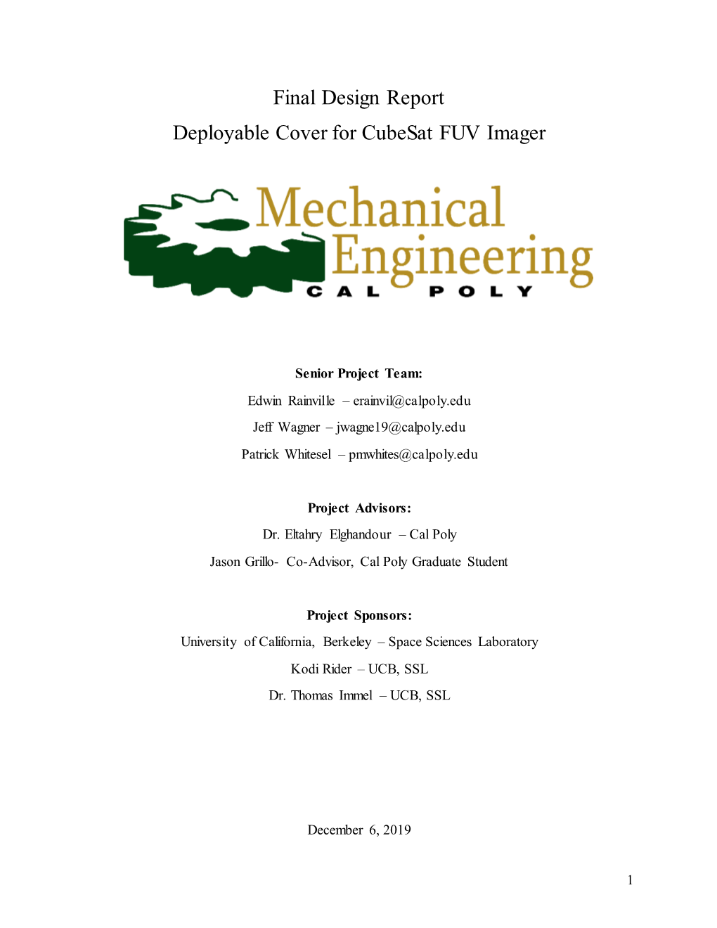 Final Design Report Deployable Cover for Cubesat FUV Imager