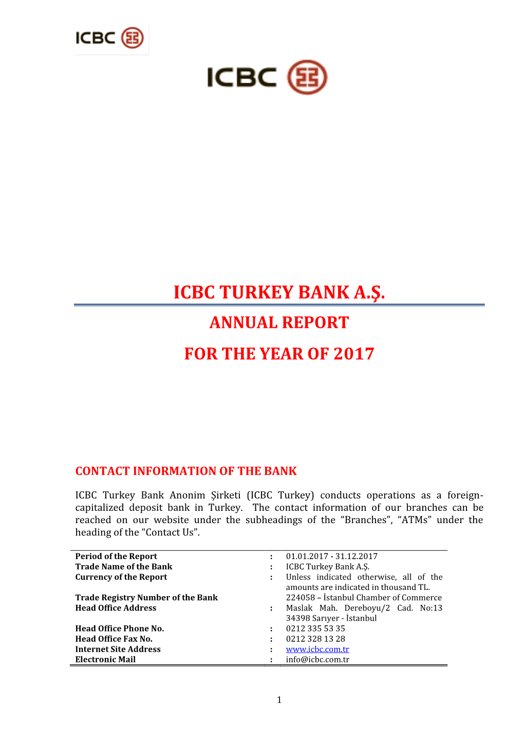 Icbc Turkey Bank A.Ş. Annual Report for the Year of 2017