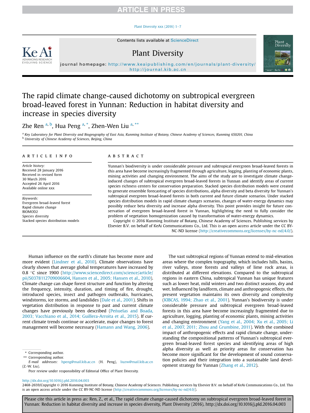 The Rapid Climate Change-Caused Dichotomy on Subtropical Evergreen Broad-Leaved Forest in Yunnan: Reduction in Habitat Diversity and Increase in Species Diversity