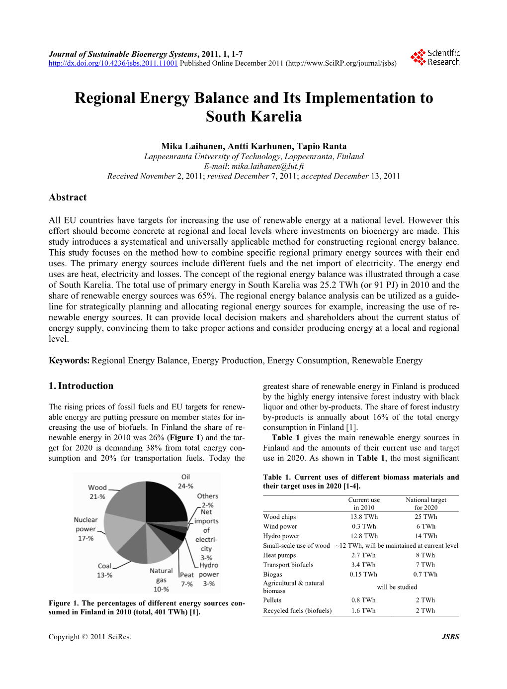 Regional Energy Balance and Its Implementation to South Karelia