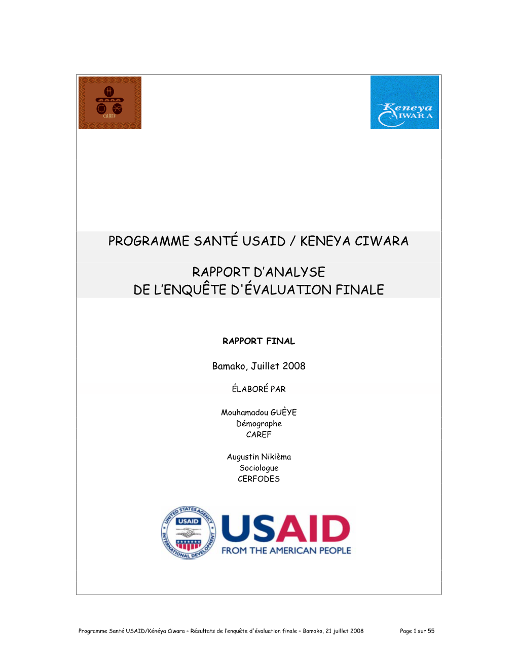 Programme Santé Usaid / Keneya Ciwara Rapport D