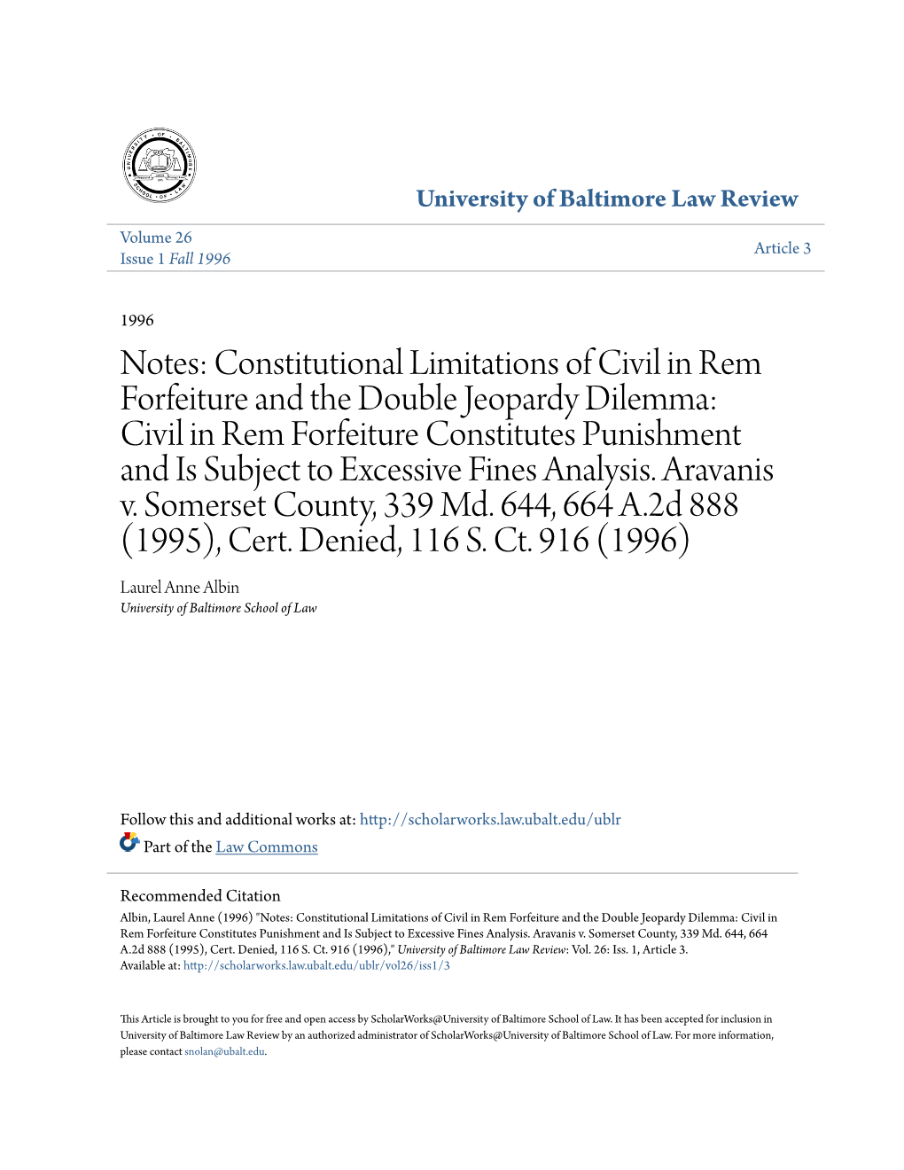 Constitutional Limitations of Civil in Rem Forfeiture and the Double