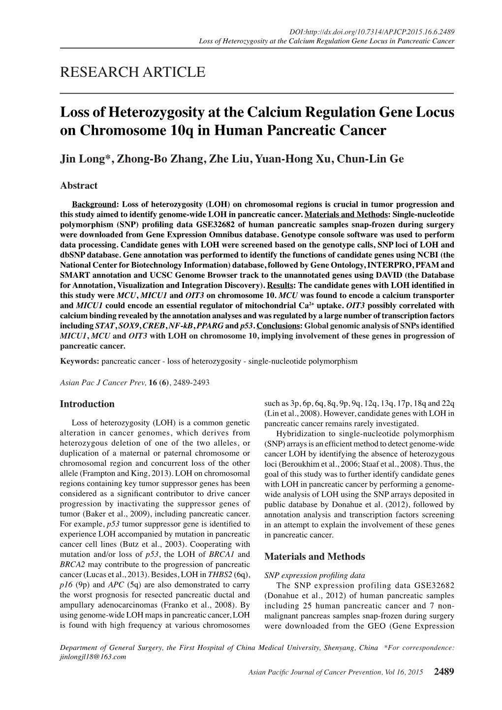 RESEARCH ARTICLE Loss of Heterozygosity at the Calcium Regulation Gene Locus on Chromosome 10Q in Human Pancreatic Cancer