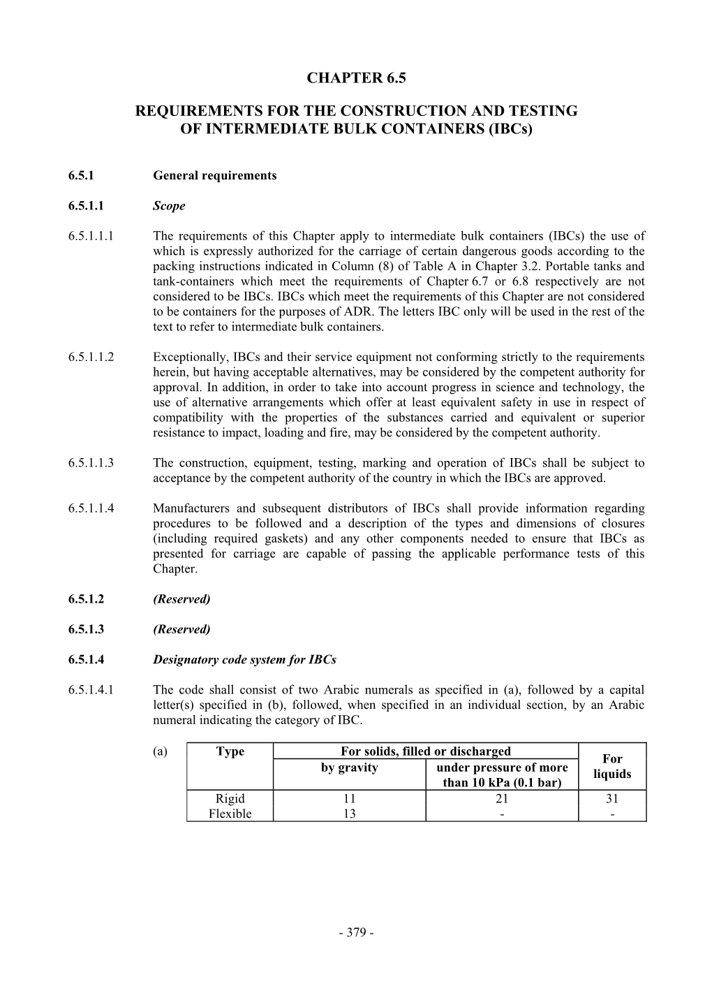 CHAPTER 6.5 REQUIREMENTS for the CONSTRUCTION and TESTING of INTERMEDIATE BULK CONTAINERS (Ibcs)