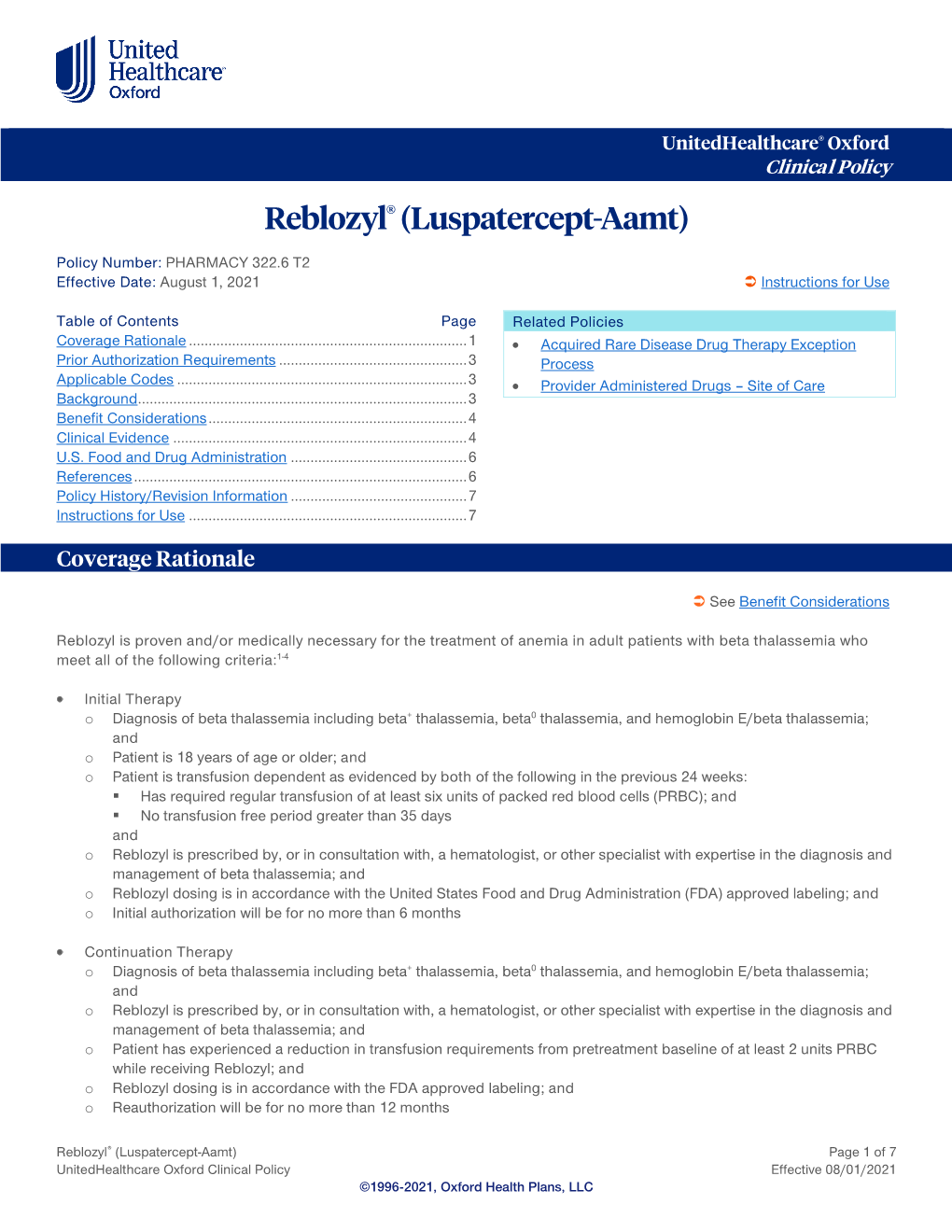 Reblozyl® (Luspatercept-Aamt) – Oxford Clinical Policy