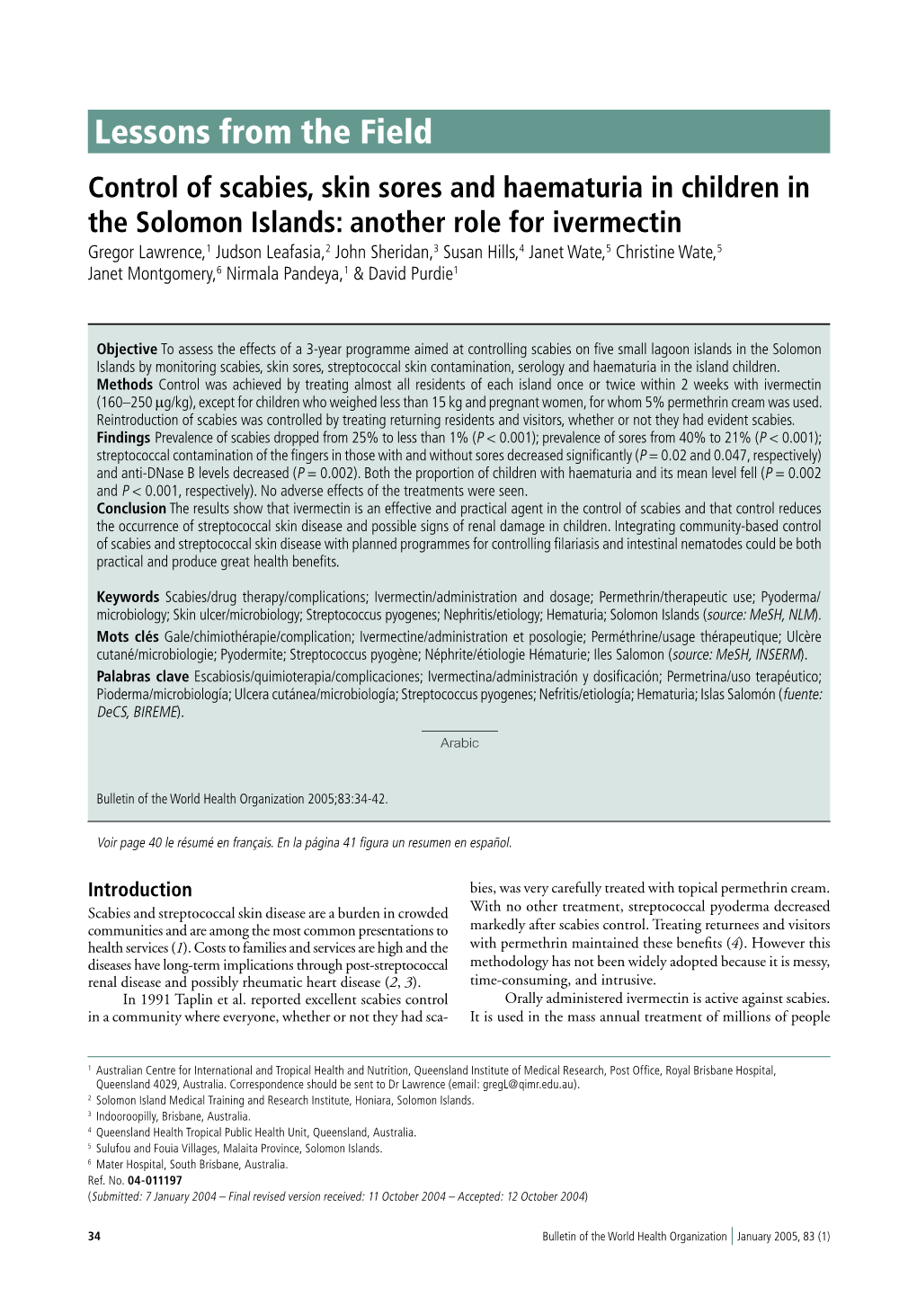 Control of Scabies, Skin Sores and Haematuria in Children in The