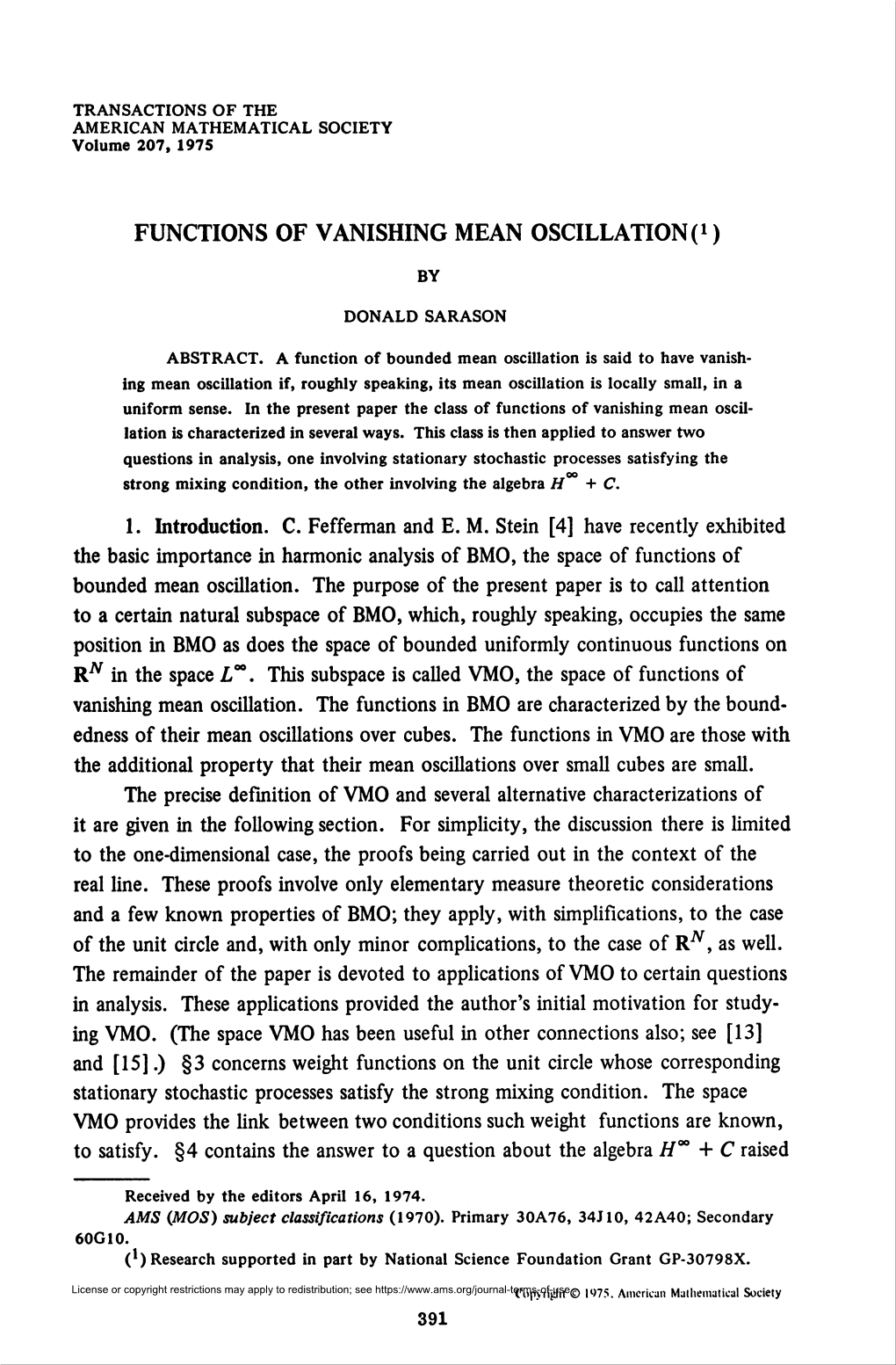 Functions of Vanishing Mean Oscillation(')