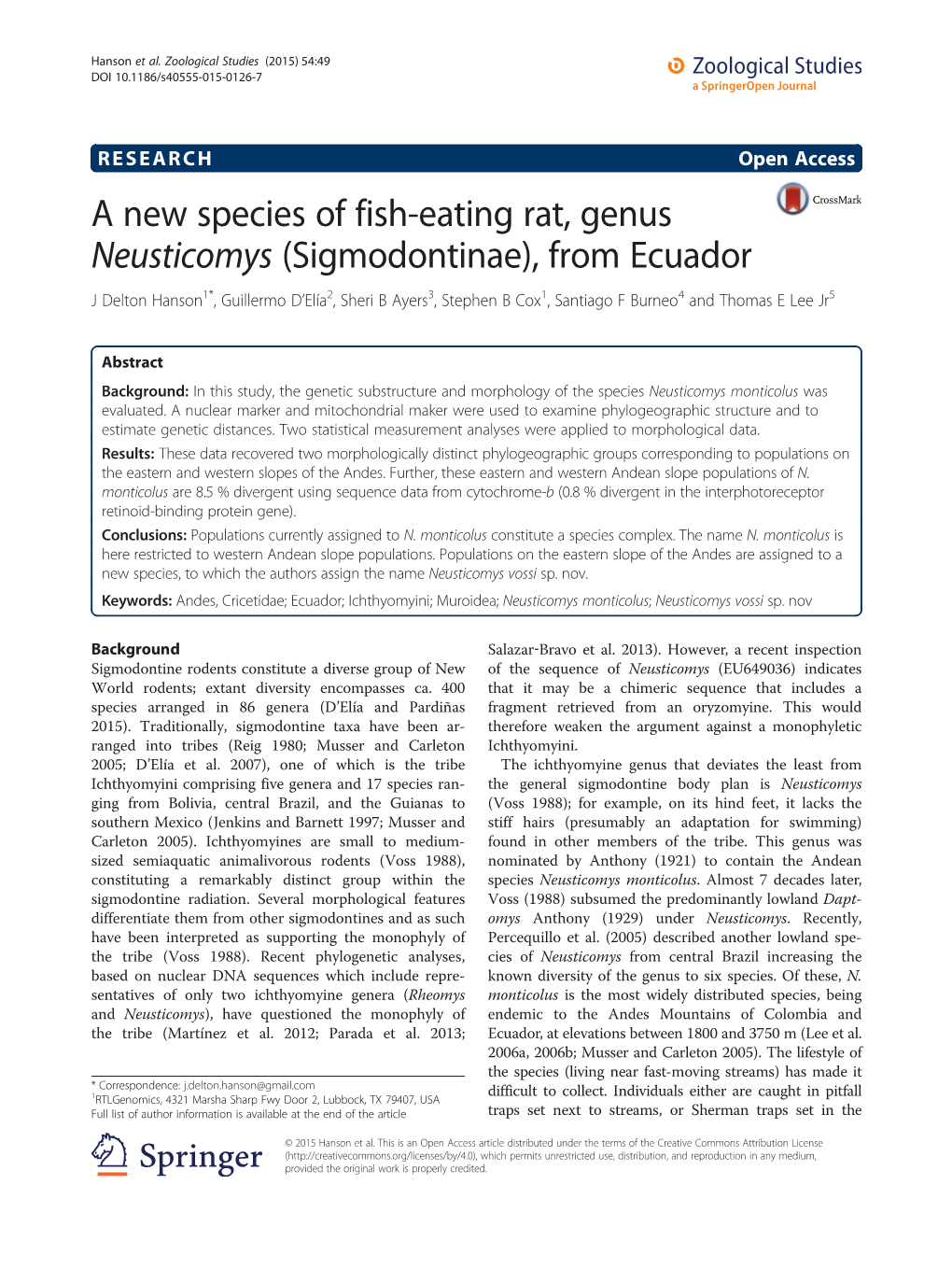 A New Species of Fish-Eating Rat, Genus Neusticomys (Sigmodontinae