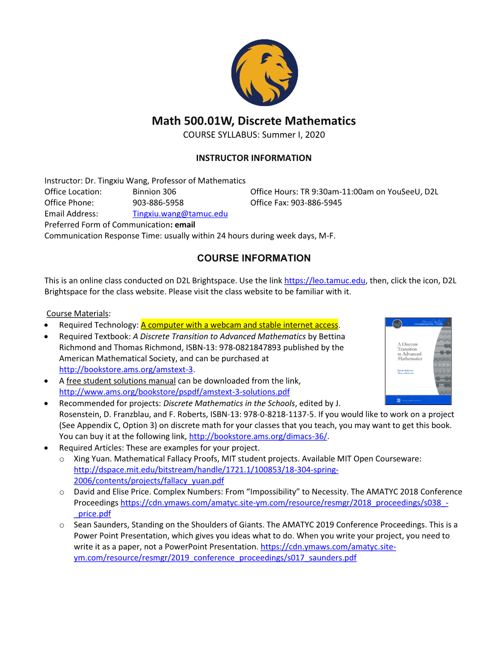 Math 500.01W, Discrete Mathematics COURSE SYLLABUS: Summer I, 2020