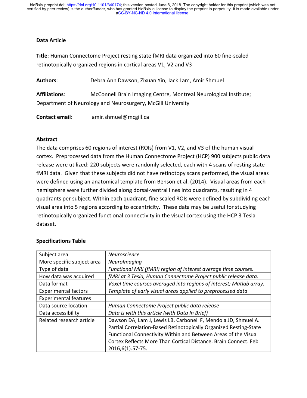 Human Connectome Project Resting State Fmri Data Organized Into 60 Fine‐Scaled Retinotopically Organized Regions in Cortical Areas V1, V2 and V3