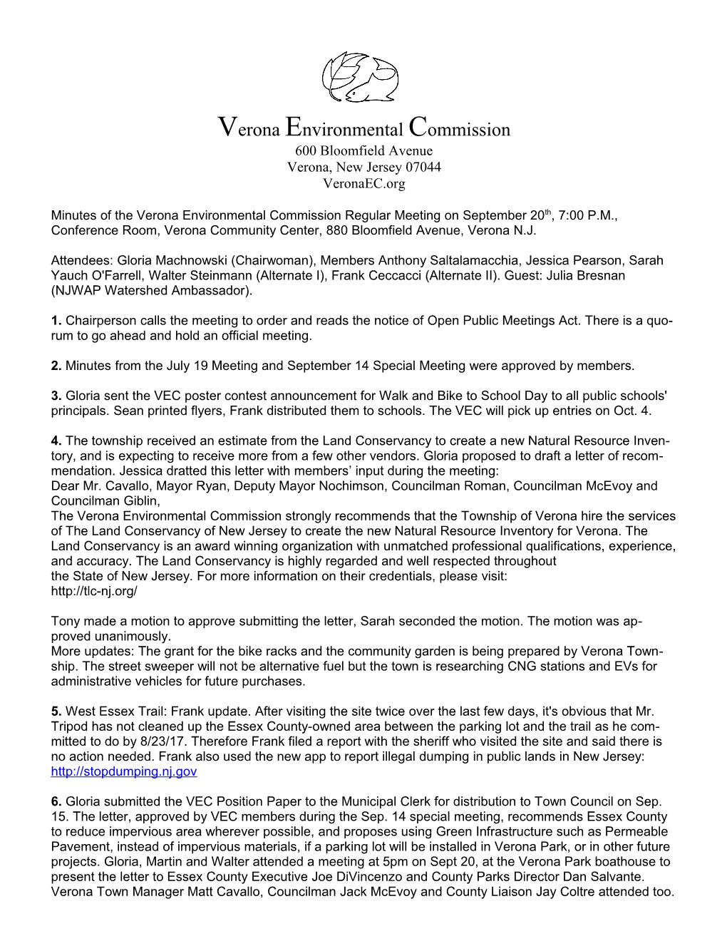 Verona Environmental Commission 600 Bloomfield Avenue Verona, New Jersey 07044 Veronaec.Org