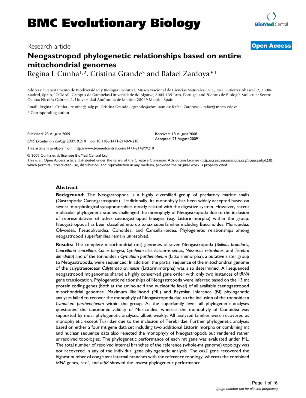 Neogastropod Phylogenetic Relationships Based on Entire Mitochondrial Genomes Regina L Cunha1,2, Cristina Grande3 and Rafael Zardoya*1