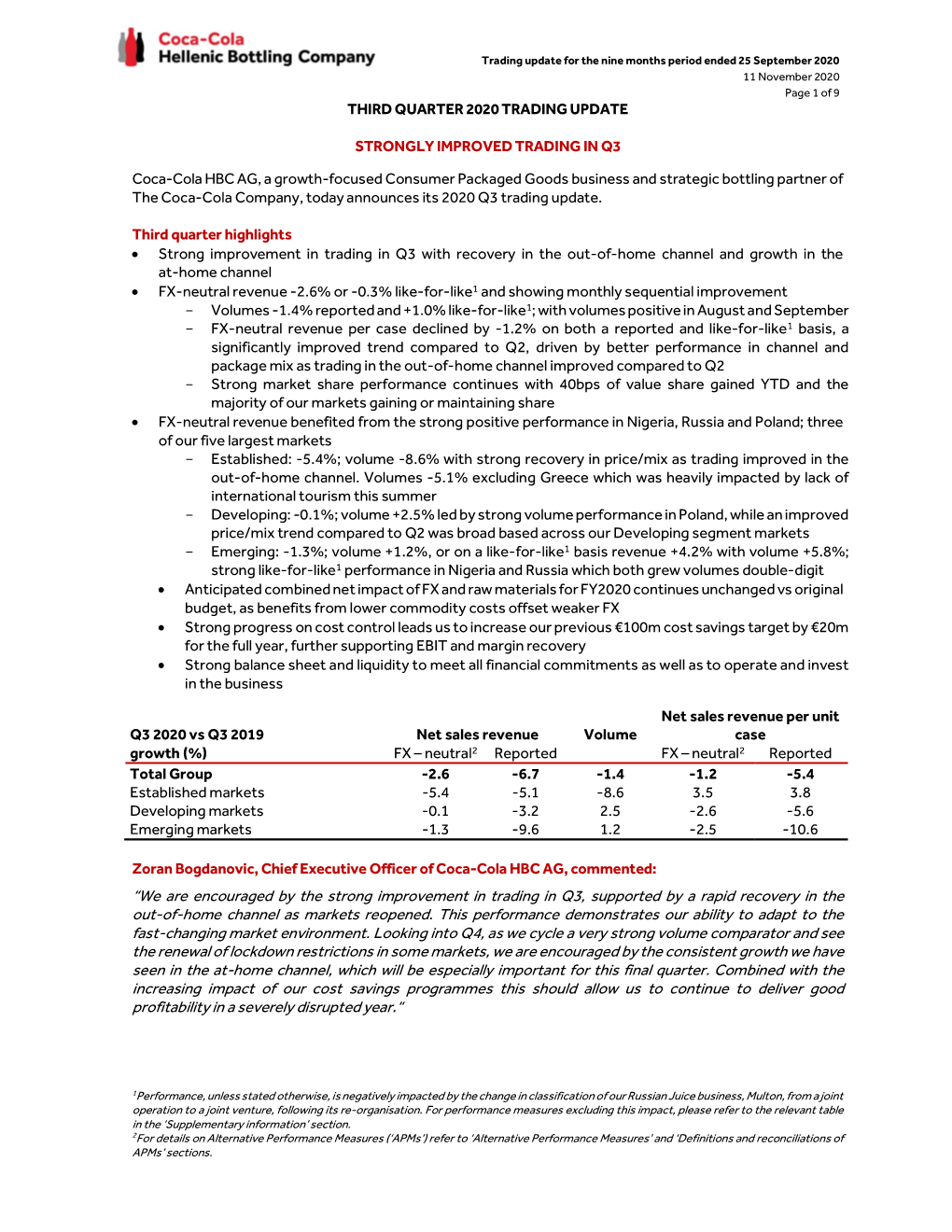 Coca-Cola HBC 2020 Q3 Trading Update