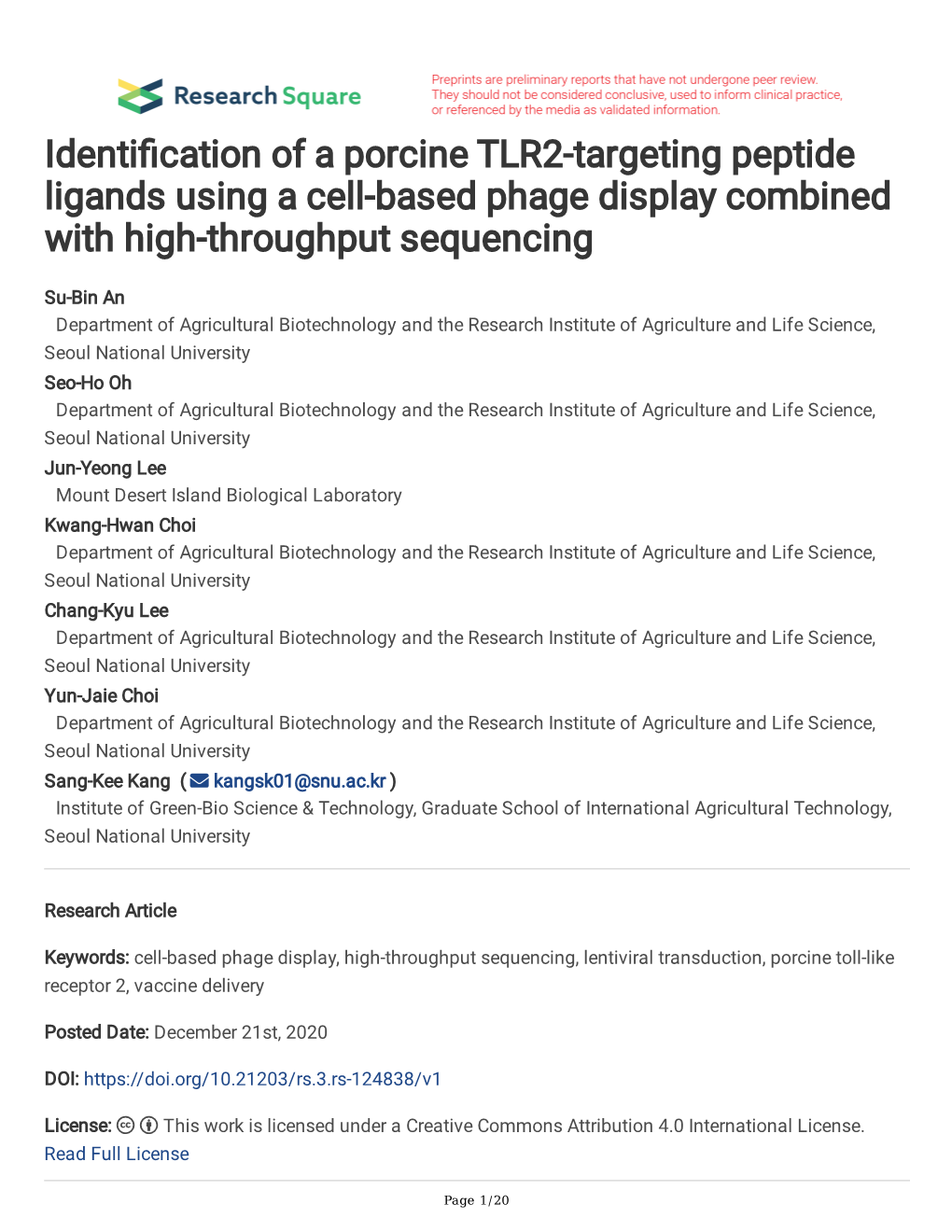 Identi Cation of a Porcine TLR2-Targeting Peptide Ligands