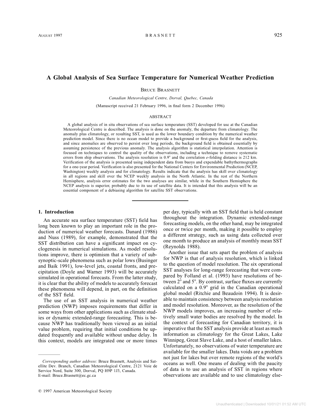 A Global Analysis of Sea Surface Temperature for Numerical Weather Prediction