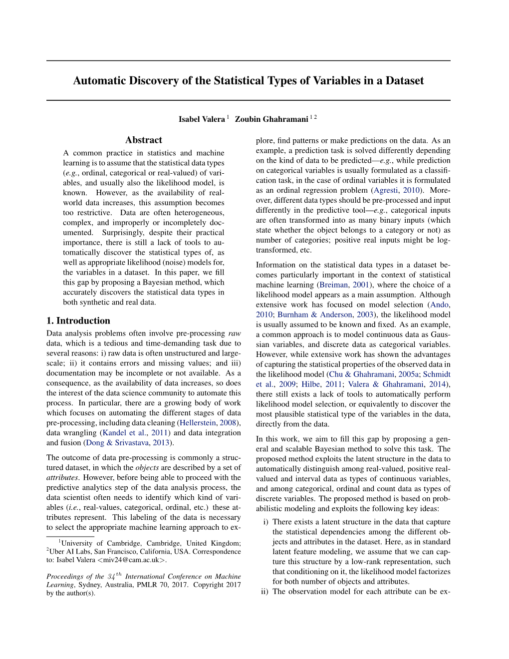 Automatic Discovery of the Statistical Types of Variables in a Dataset