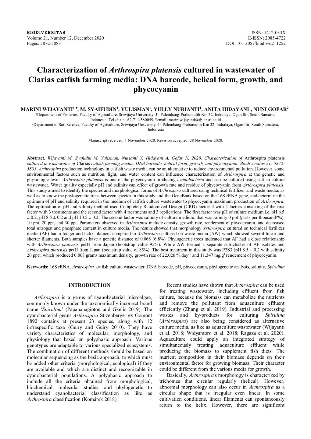 Characterization of Arthrospira Platensis Cultured in Wastewater of Clarias Catfish Farming Media: DNA Barcode, Helical Form, Growth, and Phycocyanin