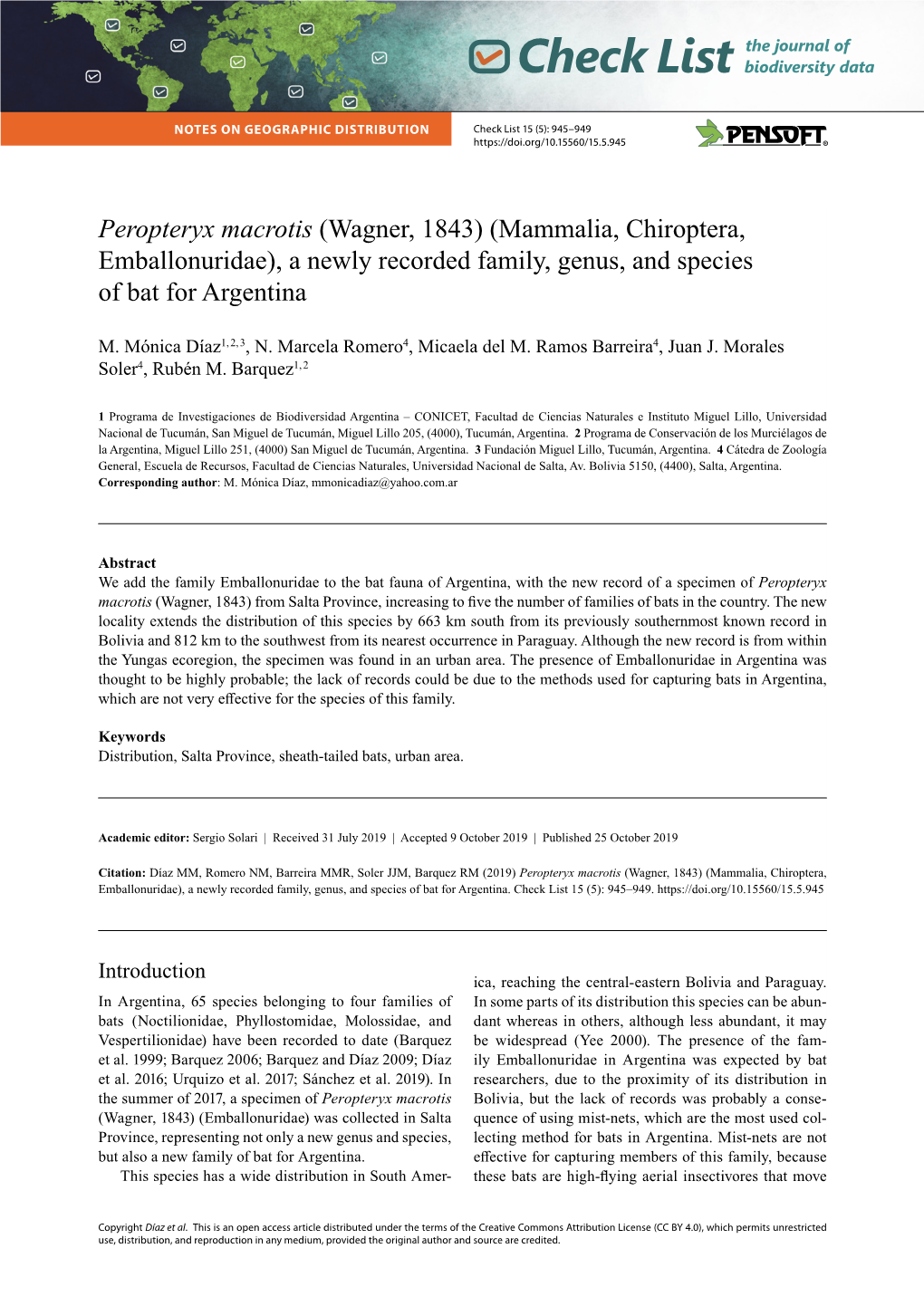 Peropteryx Macrotis (Wagner, 1843) (Mammalia, Chiroptera, Emballonuridae), a Newly Recorded Family, Genus, and Species of Bat for Argentina