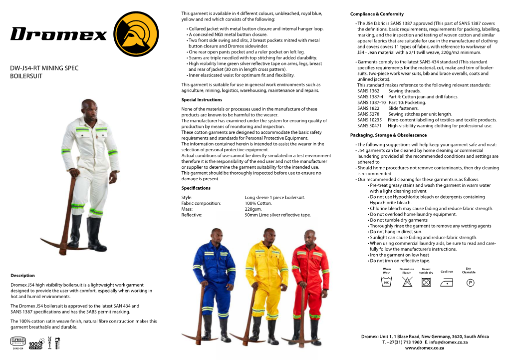 Technical Datasheet DW J54 ANG RT BOILERSUIT