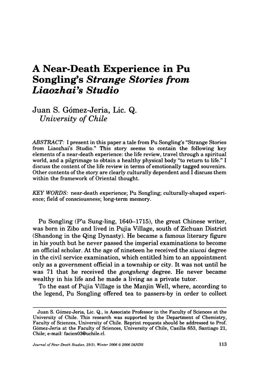 A Near-Death Experience in Pu Songling's Strange Stories from Liaozhai's Studio