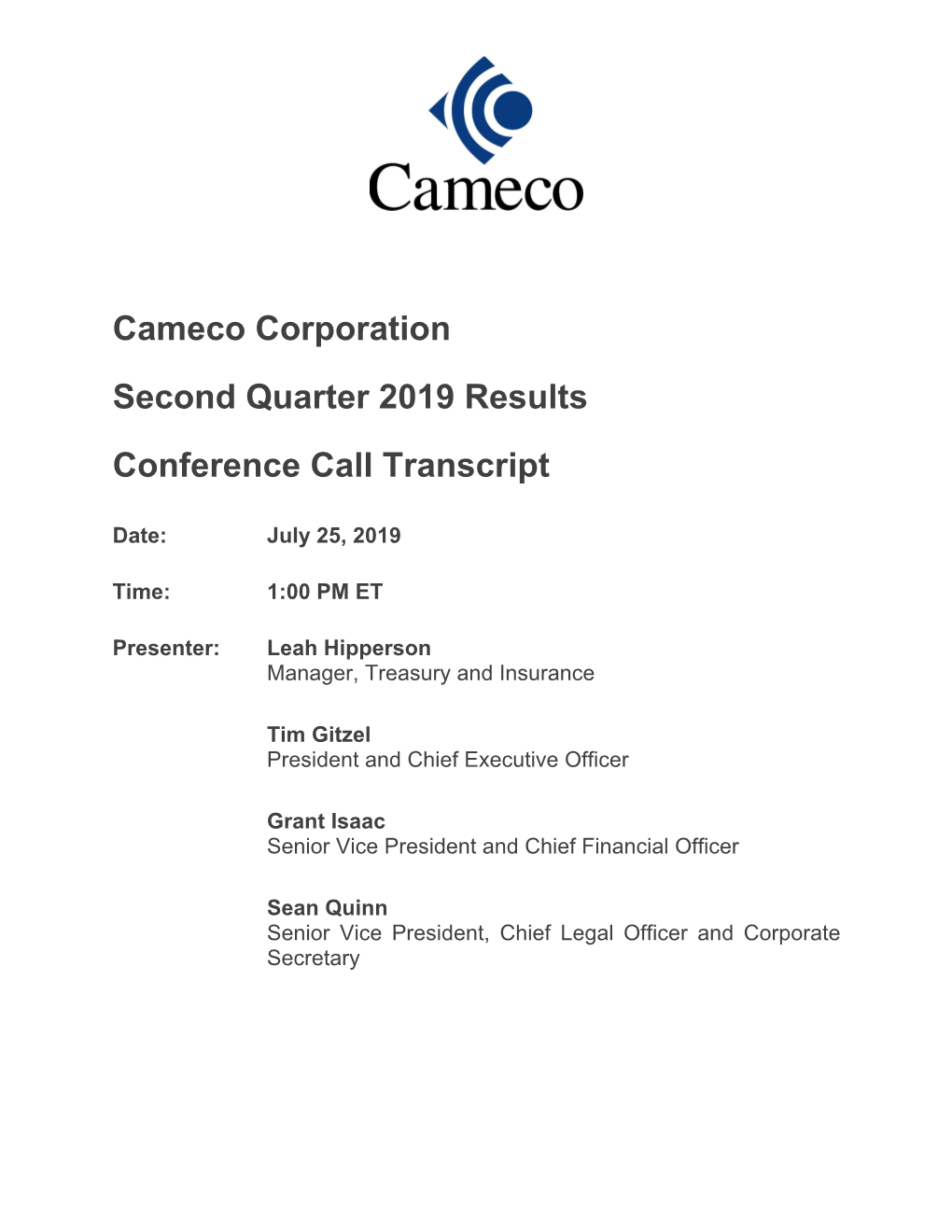 Cameco Corporation Second Quarter 2019 Results Conference Call Transcript